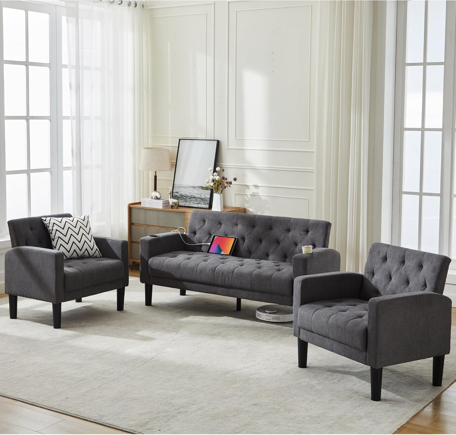 Velvet Loveseat Sofa w/ 2 USB Charger Ports and 2 Cupholders, Mid-Century Modern Tufted