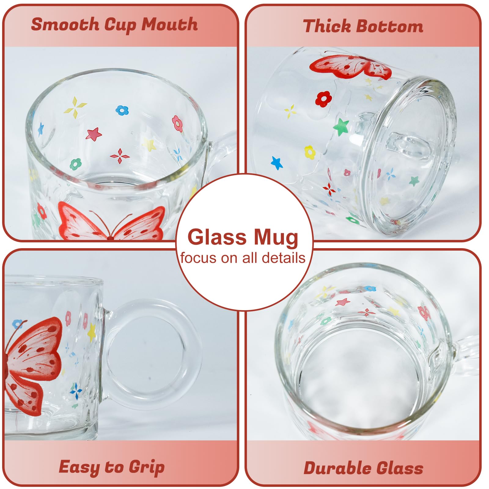 Glass Butterfly l Mugs, 10oz lUnique Glass Cup with Handle