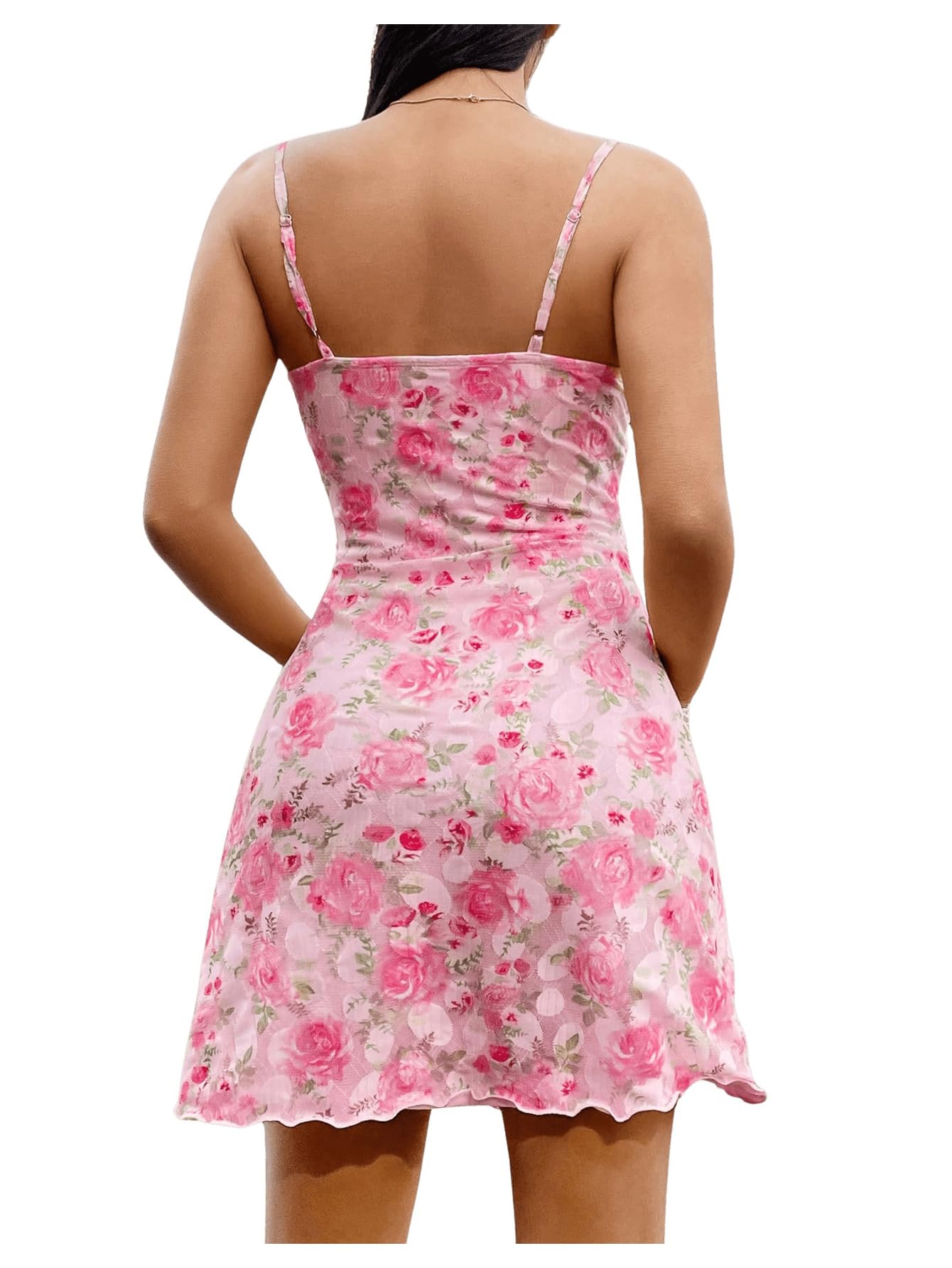 Women's Floral Print Cami Dress Lace Patchwork V Neck Summer Short Dress