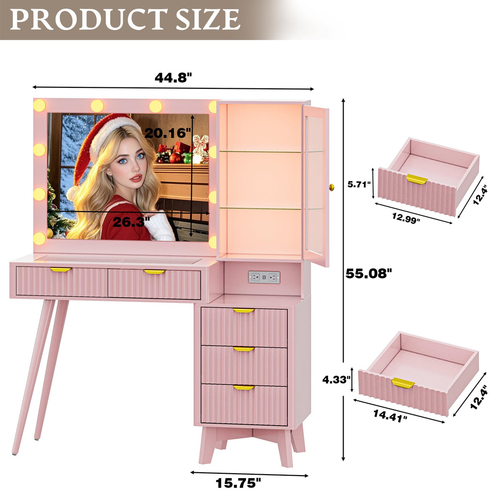 Fluted Vanity Desk with Mirror and Lights, 45" Glass Top Makeup Table Set with 5 Drawers, Power Outlet & Storage Cabinet, Large Dressing Table with RGB Ambient Light