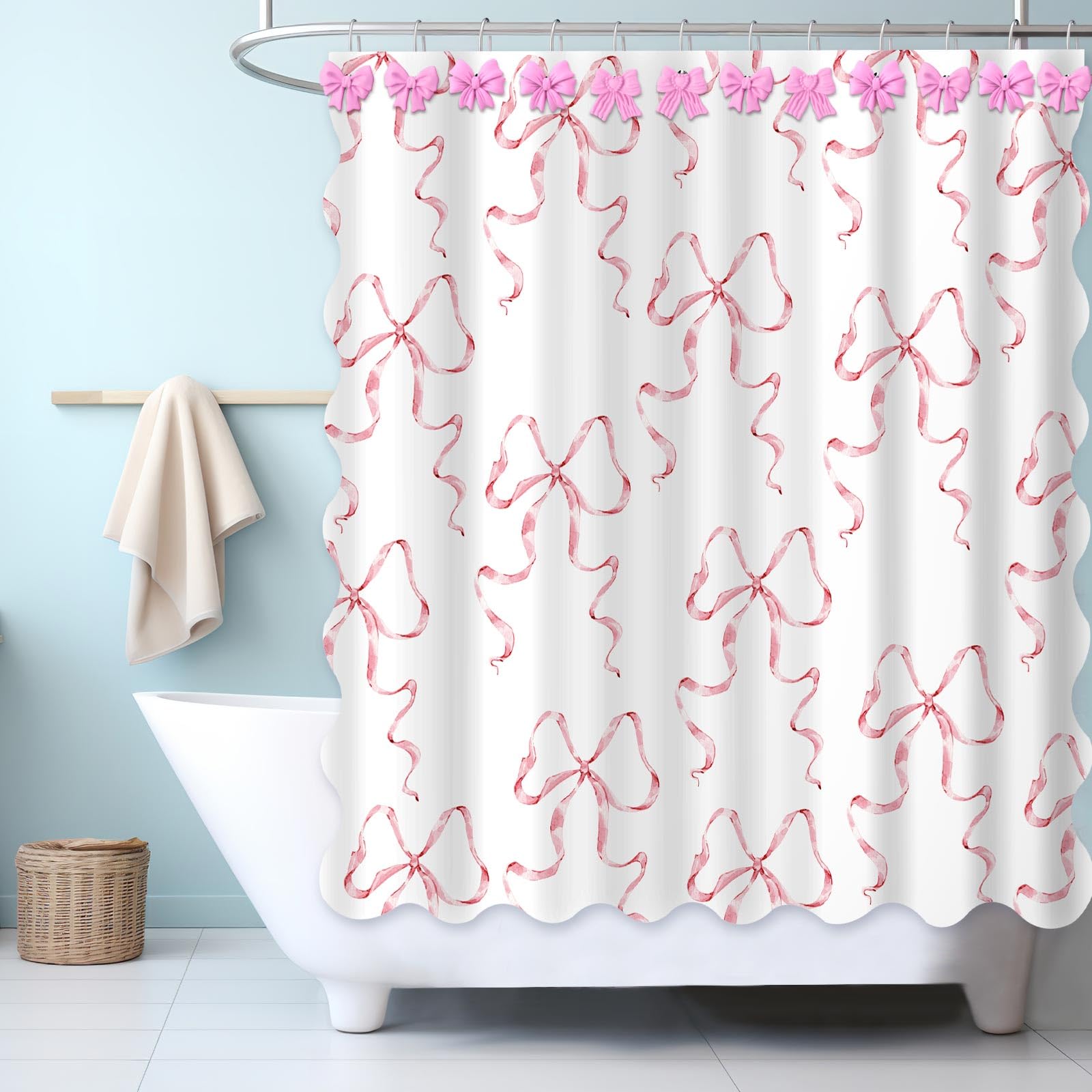 Pink Bow Shower Curtain Set, 72" W x 72" H Cute Coquette Shower Curtain with 12 Pink Bow Tie Bath Hooks