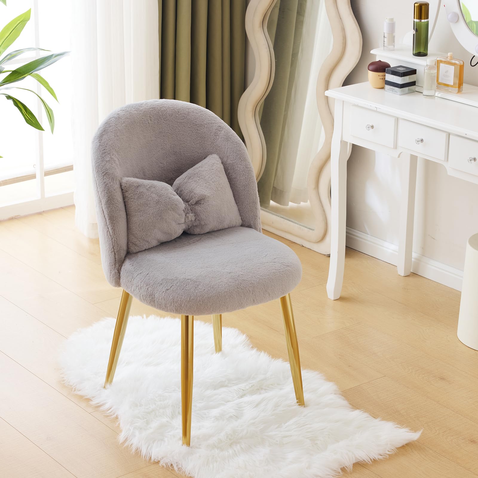 Cute, non-wheeled desk chair with backrest, fluffy cushion, cozy makeup chair with adjustable golden legs