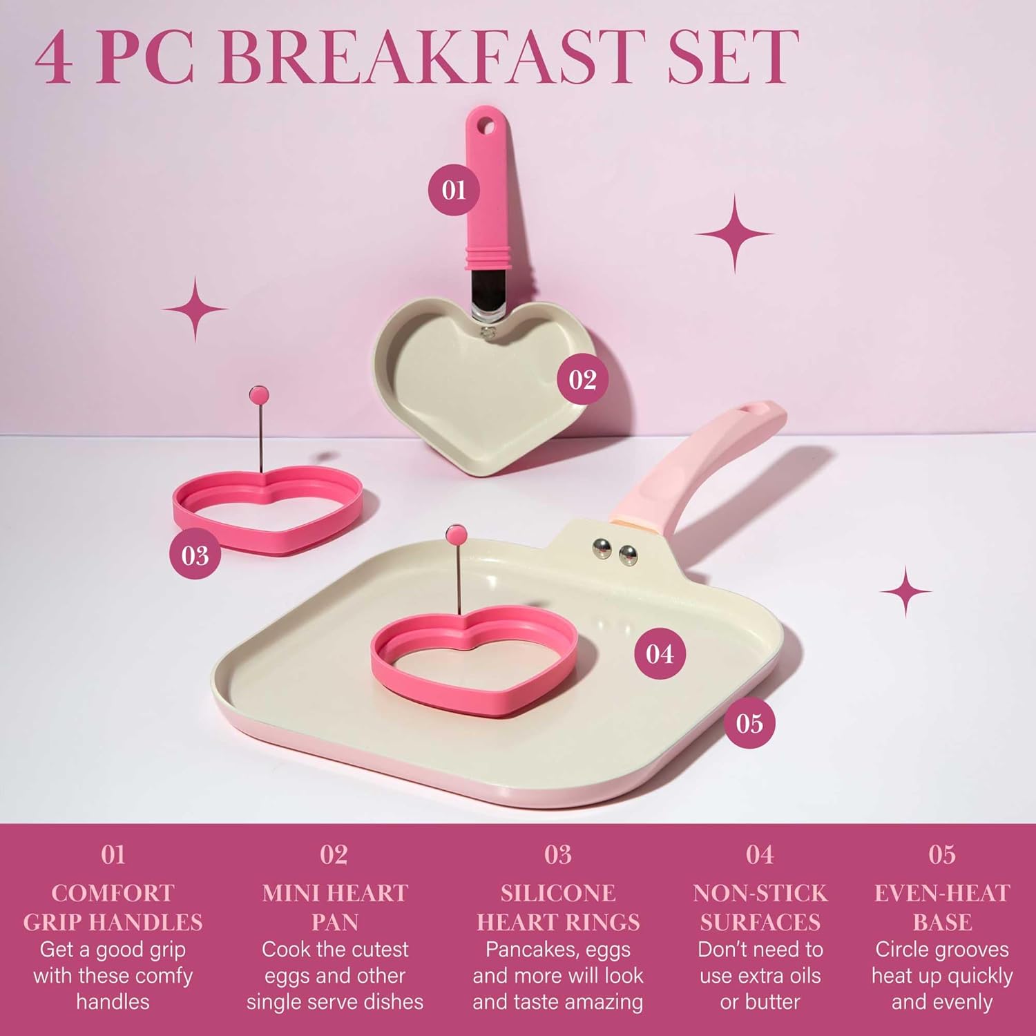 Paris Hilton Breakfast Ceramic Nonstick Cookware Set, Includes Square Griddle, Mini Heart Shaped Fry Pan and Two Silicone Heart Shaped Egg Rings, 4-Piece Set, Pink