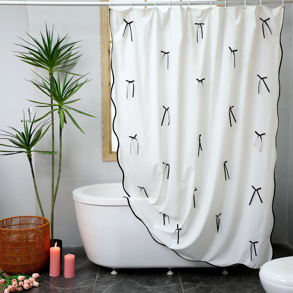 Cute Scalloped Bath Bow Shower Curtain with 12 Hooks Bowknot Waterproof Aesthetic Bathroom Decor for Women Girls Accessory, 72 Inches