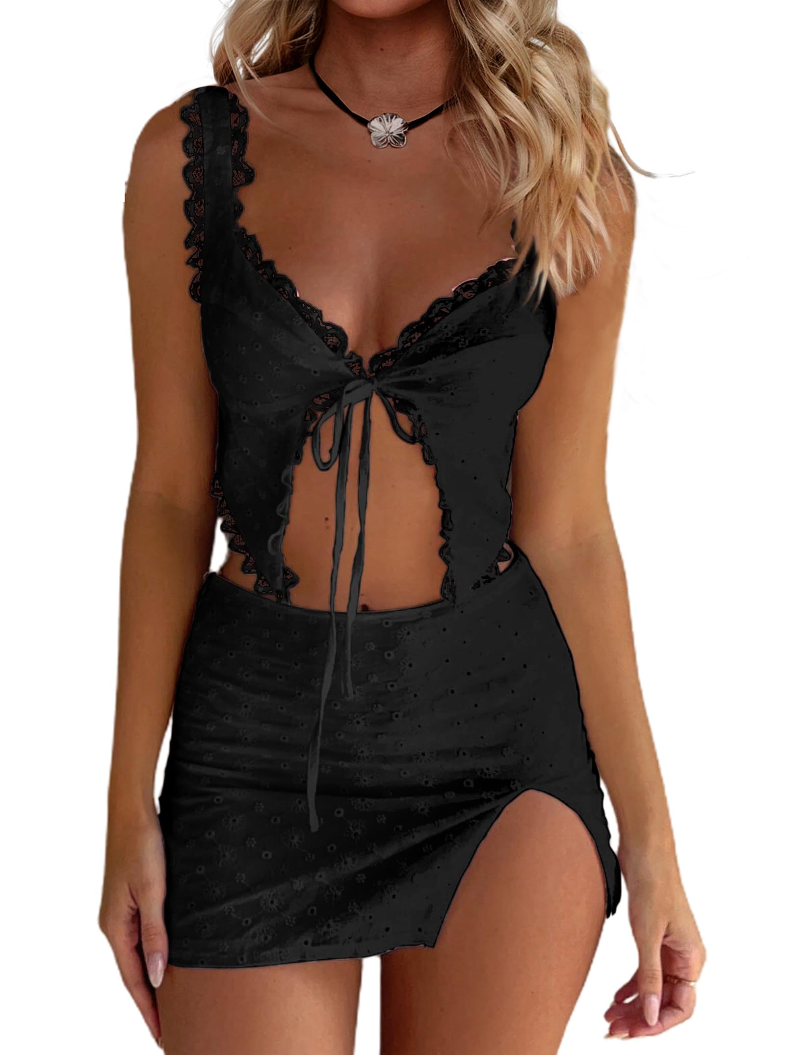 Women's Eyelet Embroidery Lace Trim Tie Front Crop Top and Mini Skirt Set Summer 2 Pieces Outfits