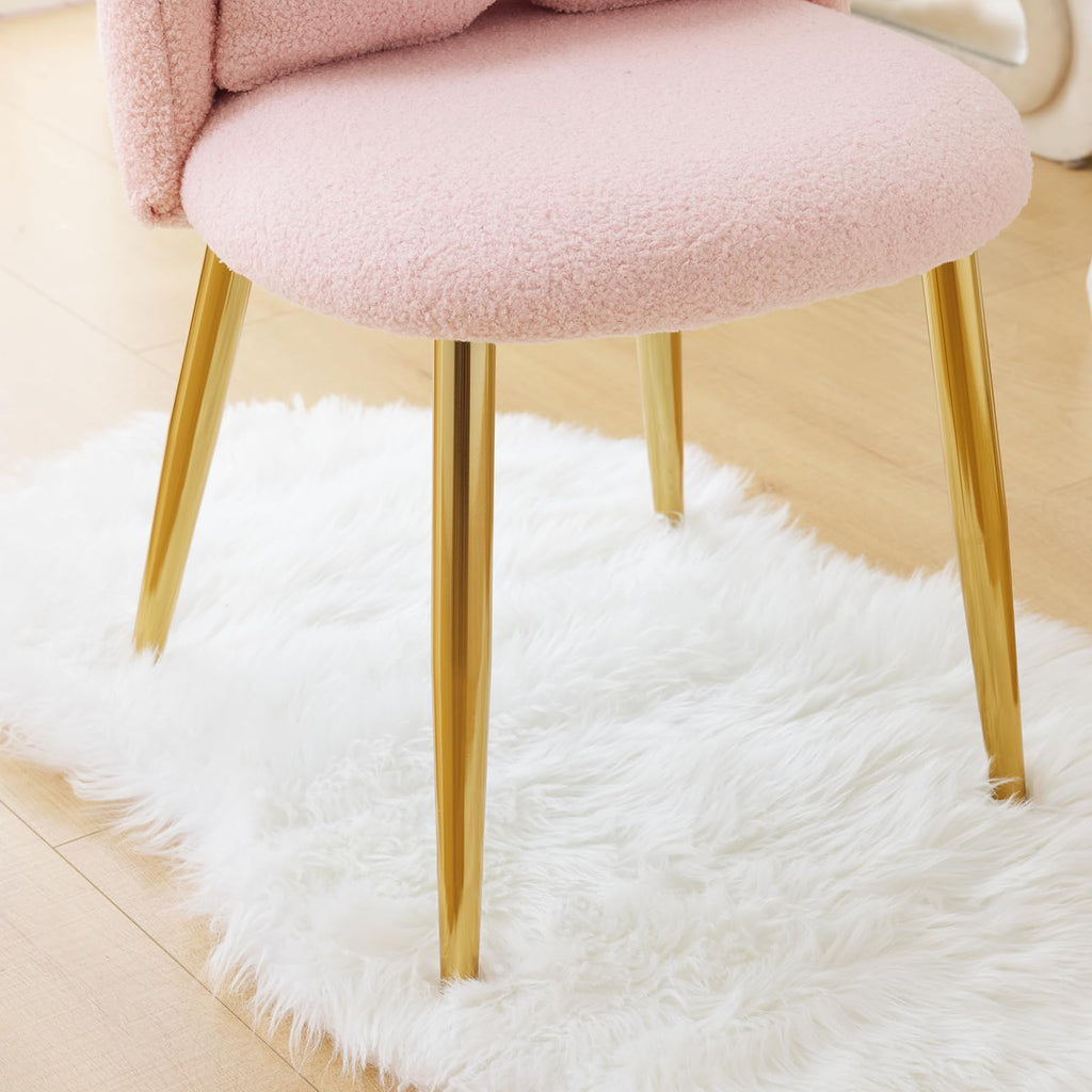 Cute, non-wheeled desk chair with backrest, fluffy cushion, cozy makeup chair with adjustable golden legs