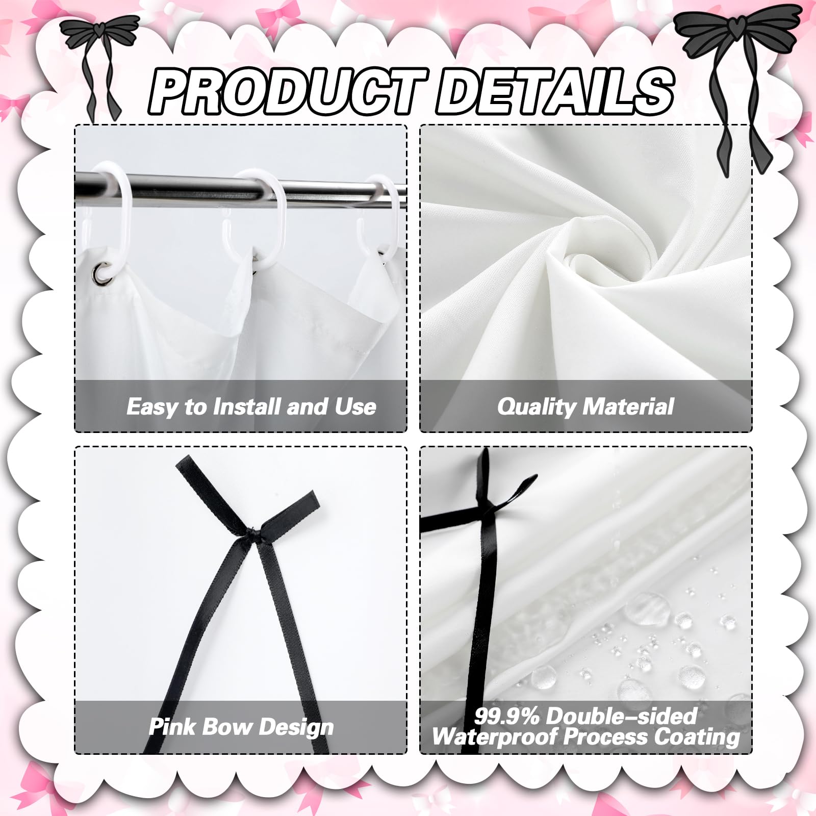 Cute Scalloped Bath Bow Shower Curtain with 12 Hooks Bowknot Waterproof Aesthetic Bathroom Decor for Women Girls Accessory, 72 Inches