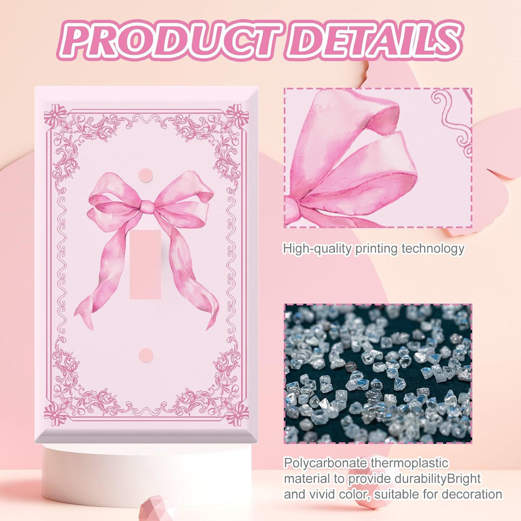 Pink Bow Light Switch Cover Plate 4 Pack Cute Outlet Covers Wall Plate with Screws Coquette Decor - 4.53 x 2.76 Inch