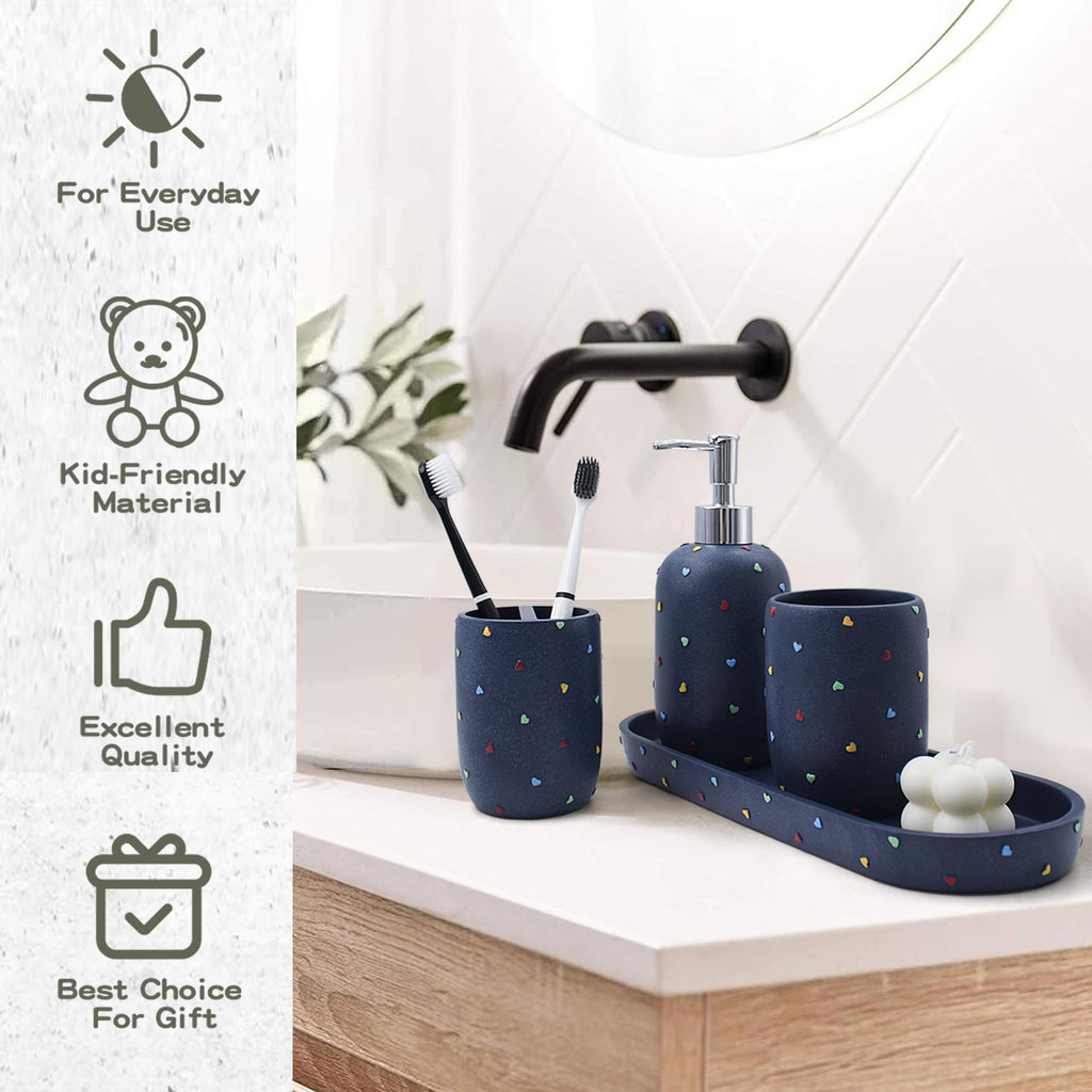 Premium Bathroom Accessories Sets 4-Piece, Pastel Heart Bathroom Accessory Complete Set - Toothbrush Holder, Lotion Soap Dispenser, Vanity Tray, Bathroom Tumbler for Countertop Vanity