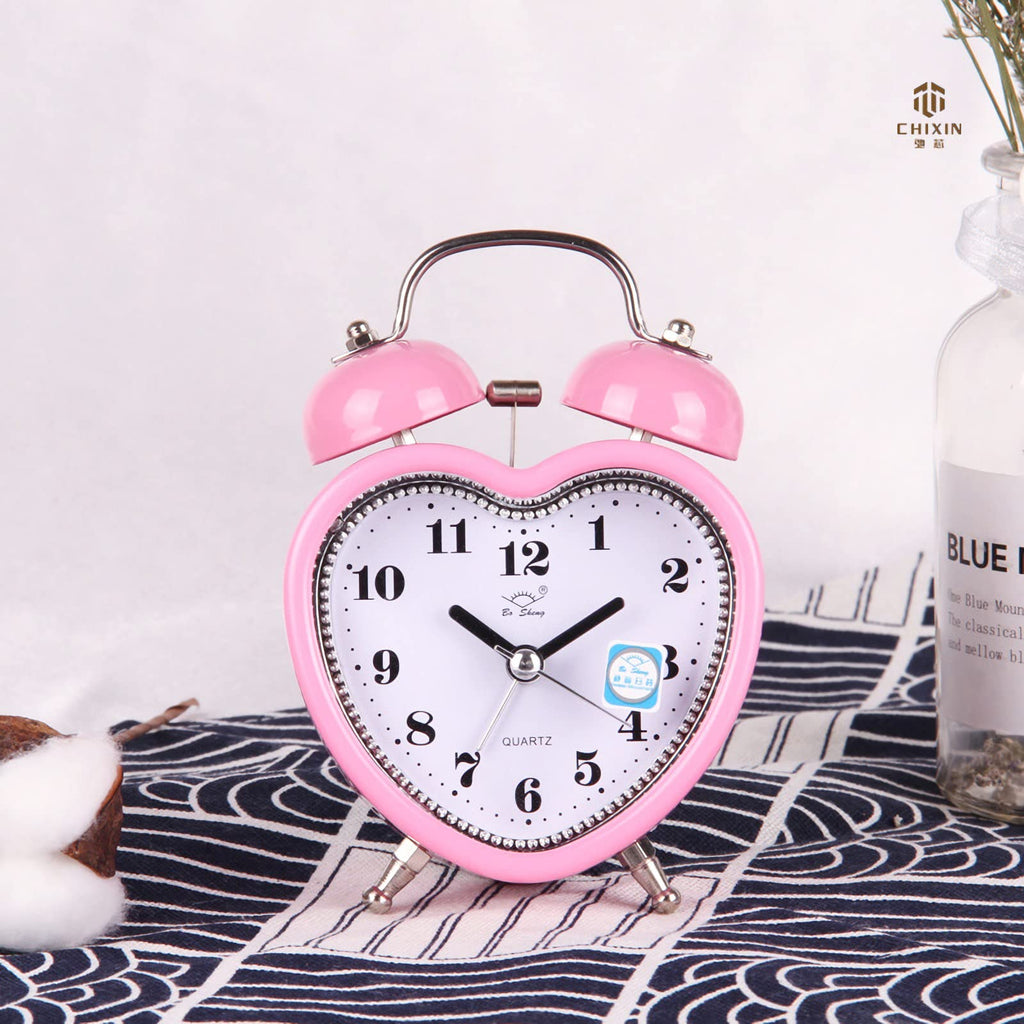 Cute Heart Shapes Twin Bell Loud Alarm Clock Silent Analog Quartz Nightlight Tableclock Battery Operated for Kids, Seniors, Heavy Sleepers, Decorations for Bedroom, Living Room 3 Inches