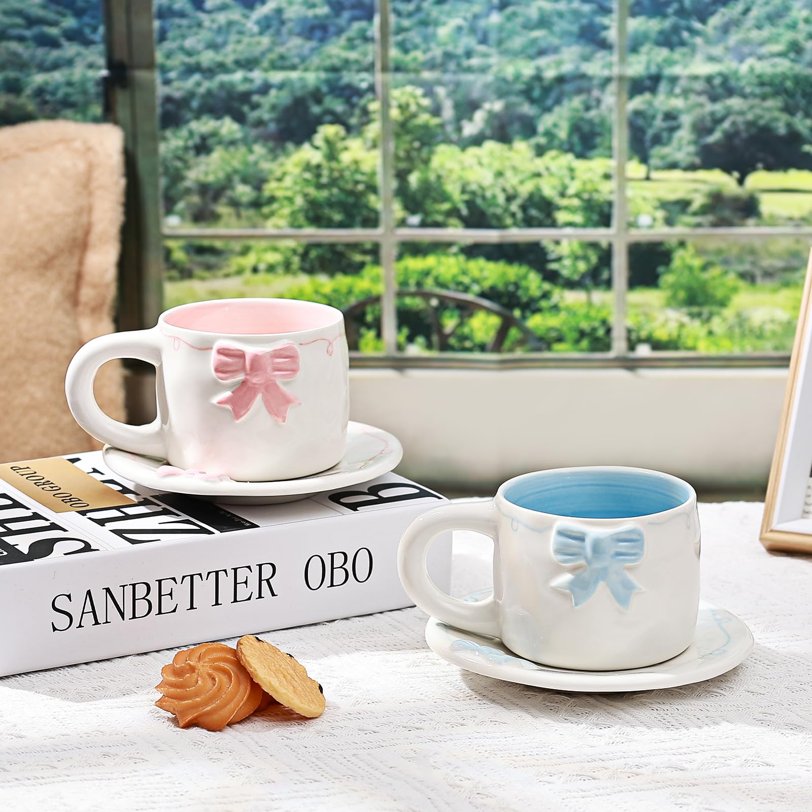 Elegant Bowknot Tea Cup and Saucer Set, Ceramic Tea Mug Set with Butterfly Bow Design, Perfect for Afternoon Tea or Home Décor