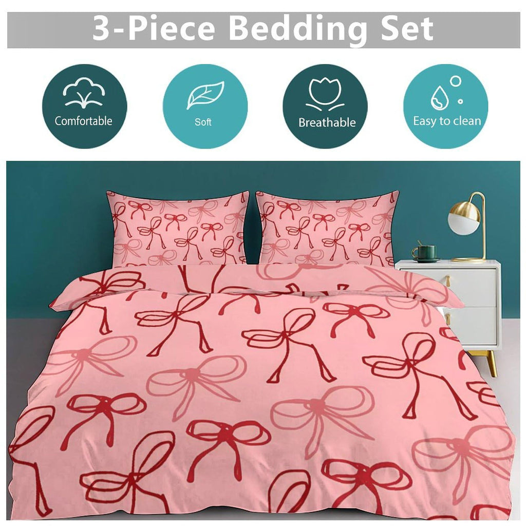 Pink Red Bow Comforter Set Duvet Cover Quilt Cover Set Ultra Soft Bed Cover (1 Duvet Cover+2 Pillowcases)