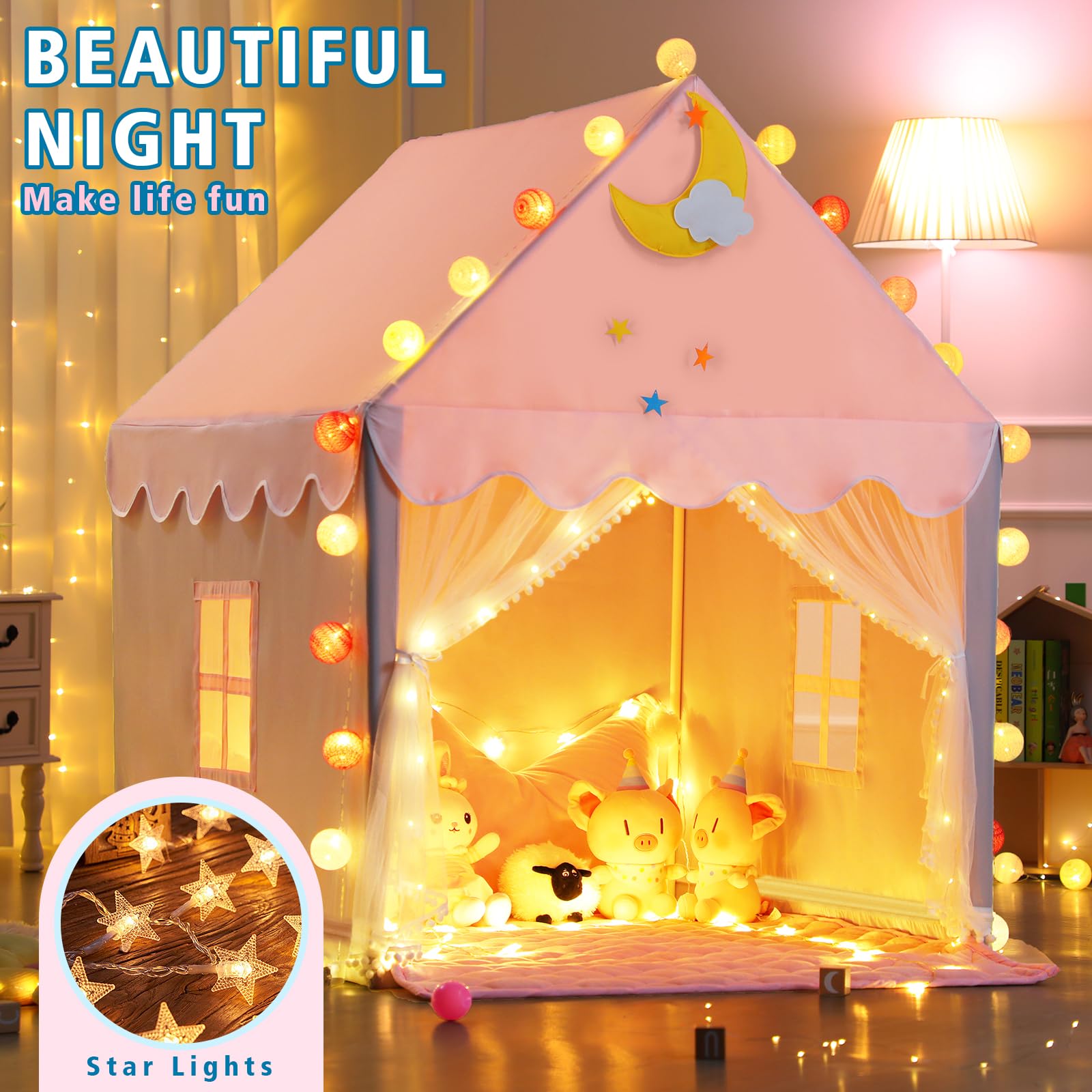 Kid Tent with Mat, Star Lights - Kids Play Tents for Toddlers Kids Tents Indoor Playhouse - Princess Tent for Girls Toy House