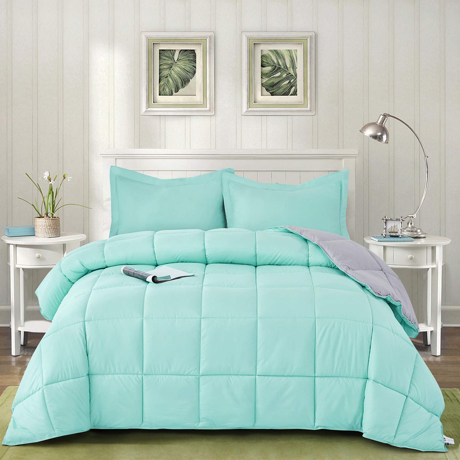 Reversible Down Alternative Comforter with Two Shams - Quilted Duvet Insert with Corner Tabs - Box Stitched Blanket - Super Soft, Fluffy