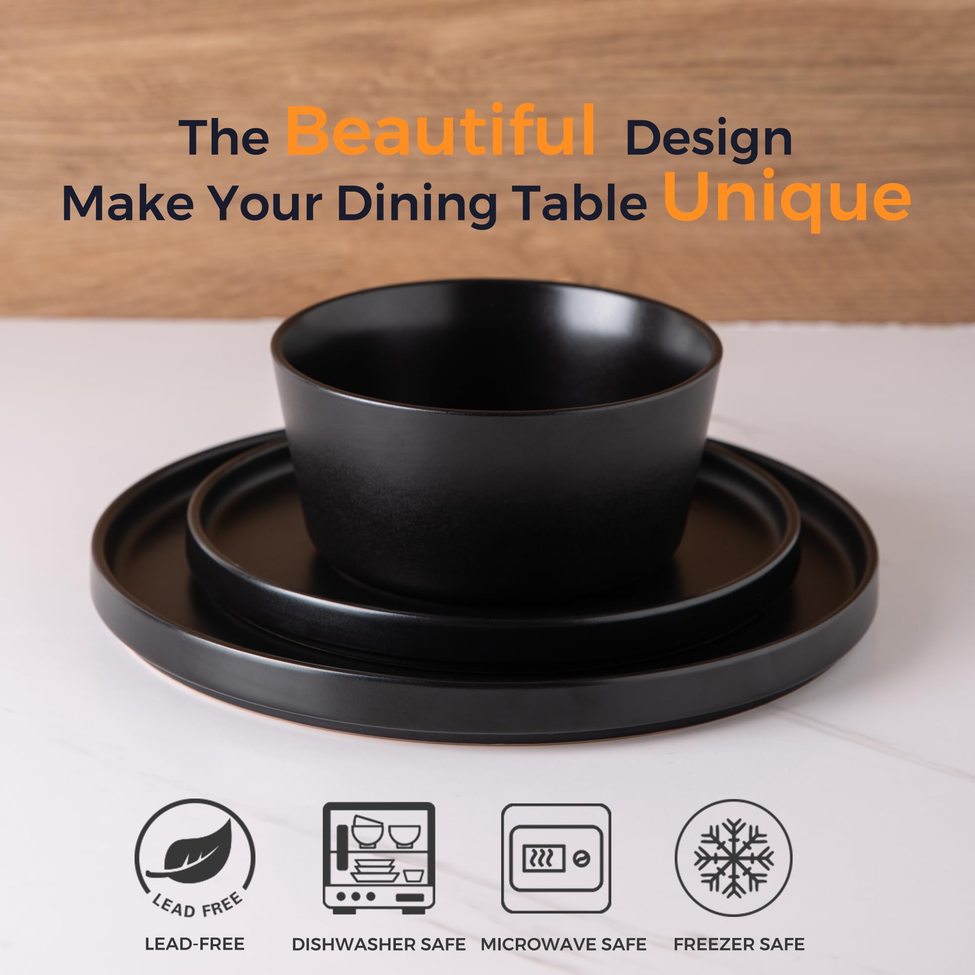 Ceramic Dinnerware Sets for 4, Modern Flat Stoneware Plates and Bowls Sets,Chip and Crack Resistant | Dishwasher & Microwave Safe Dishes Set, Scratch Resistant- Service for 4 (12pc)