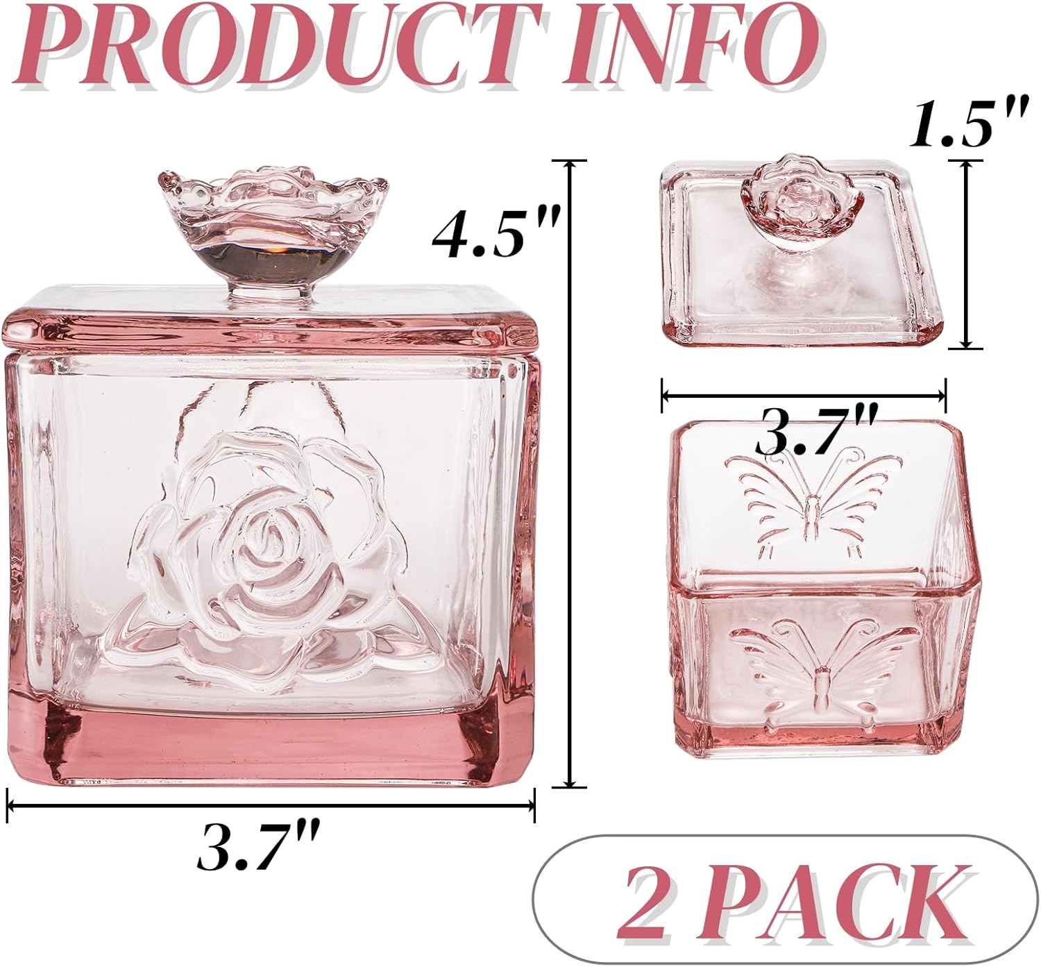 Glass Dish Embossed Butterfly Flower Clear Jar with Lid, 15 OZ Decorative Vintage Jewelry Storage Trinket Box