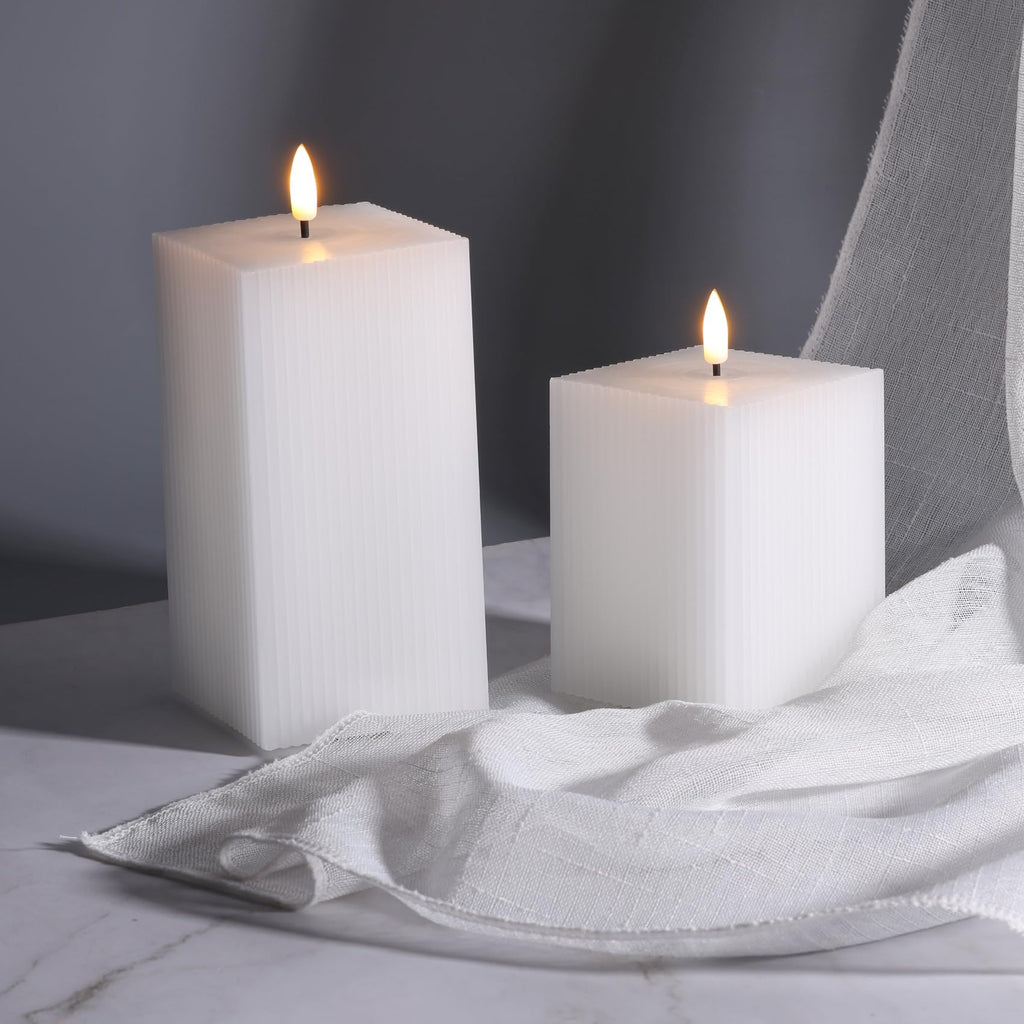 Square Ribbed Flameless Candles with Remote, Flickering Real Wax Battery LED Candles 3" H 4" 6"