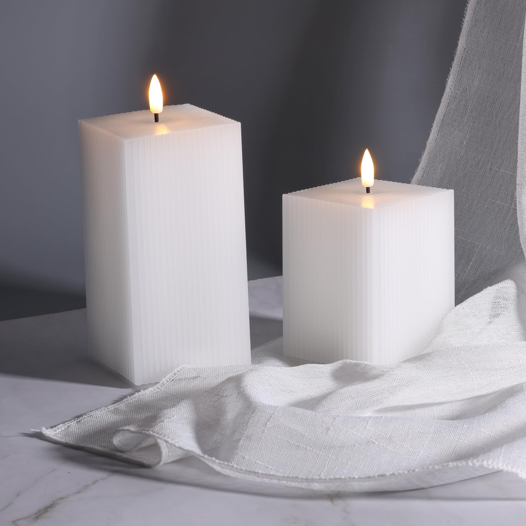Square Ribbed Flameless Candles with Remote, Flickering Real Wax Battery LED Candles 3" H 4" 6"