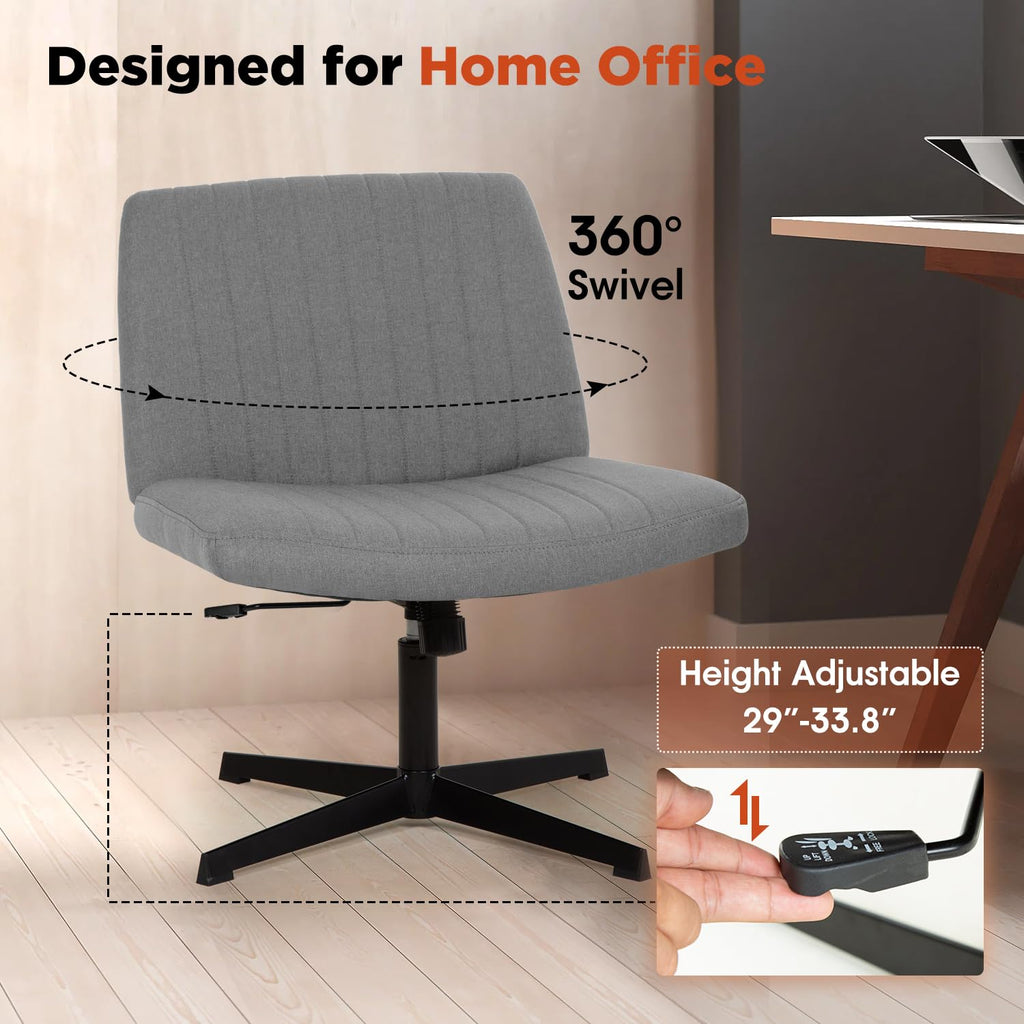 Criss Cross Chair, Armless Cross Legged Wide Comfty Desk Chair with No Wheels Modern Height Adjustable, Swivel Fabric Vanity Chair