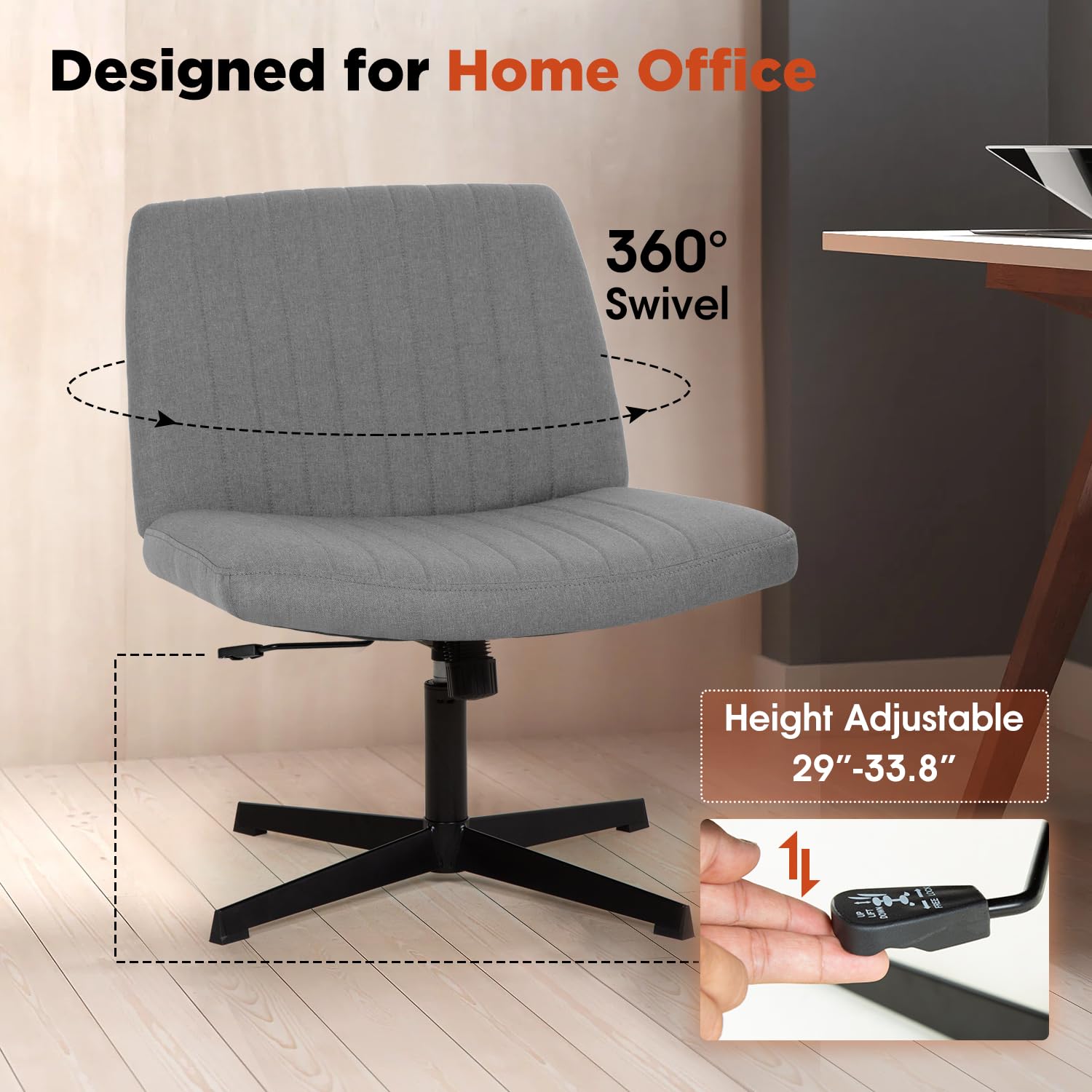 Criss Cross Chair, Armless Cross Legged Wide Comfty Desk Chair with No Wheels Modern Height Adjustable, Swivel Fabric Vanity Chair