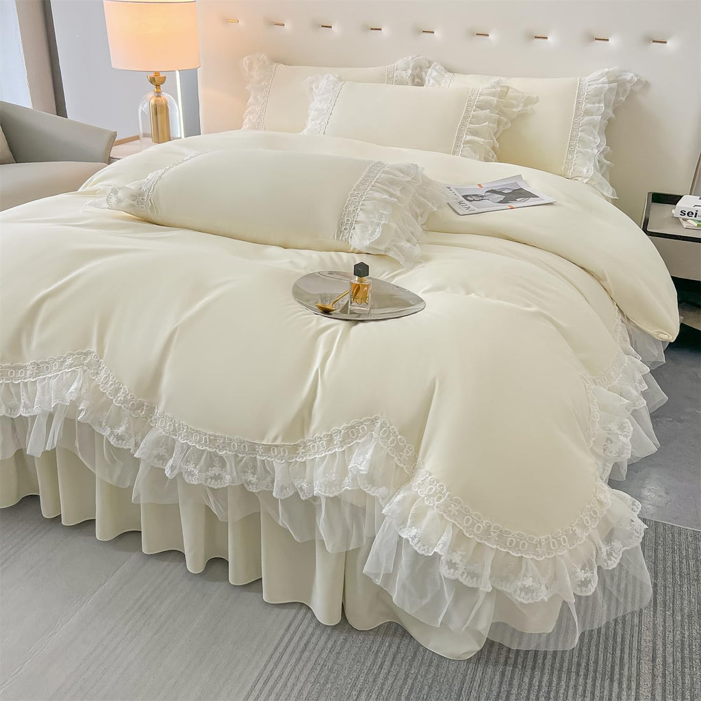 Chic Ruffle Lace Polyester Duvet Cover Set -Bedding-2 Piece Duvet Cover with Zipper Closure -Ultra Soft and Light Weight