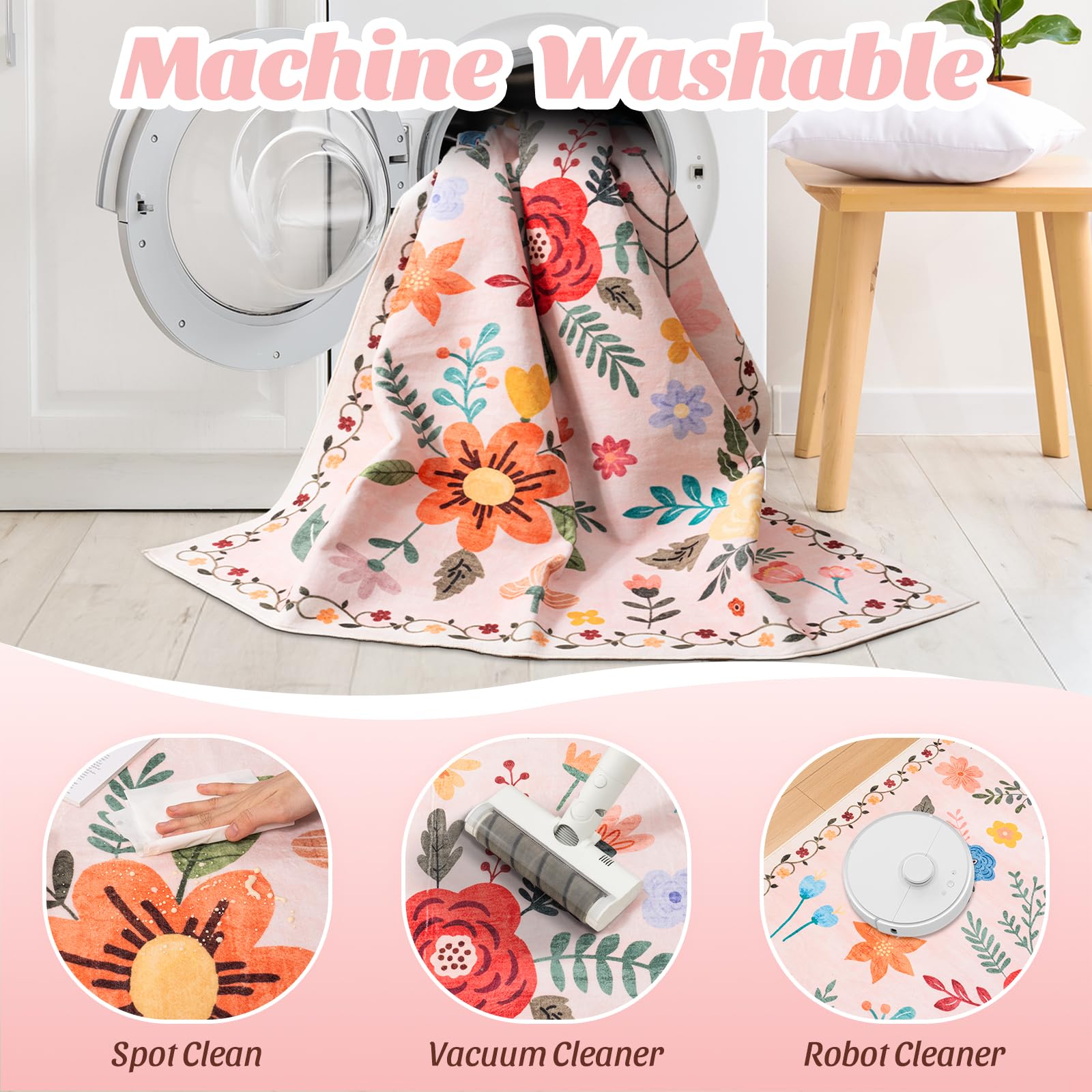 Washable Floral Rugs with Non Slip Backing, Stain Resistant, Floral Soft Low-Pile