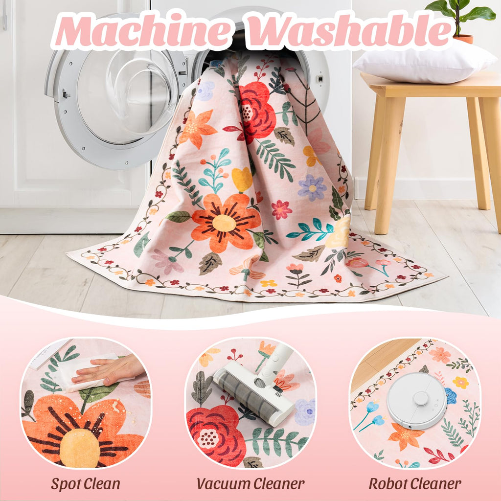 Washable Floral Rugs with Non Slip Backing, Stain Resistant, Floral Soft Low-Pile