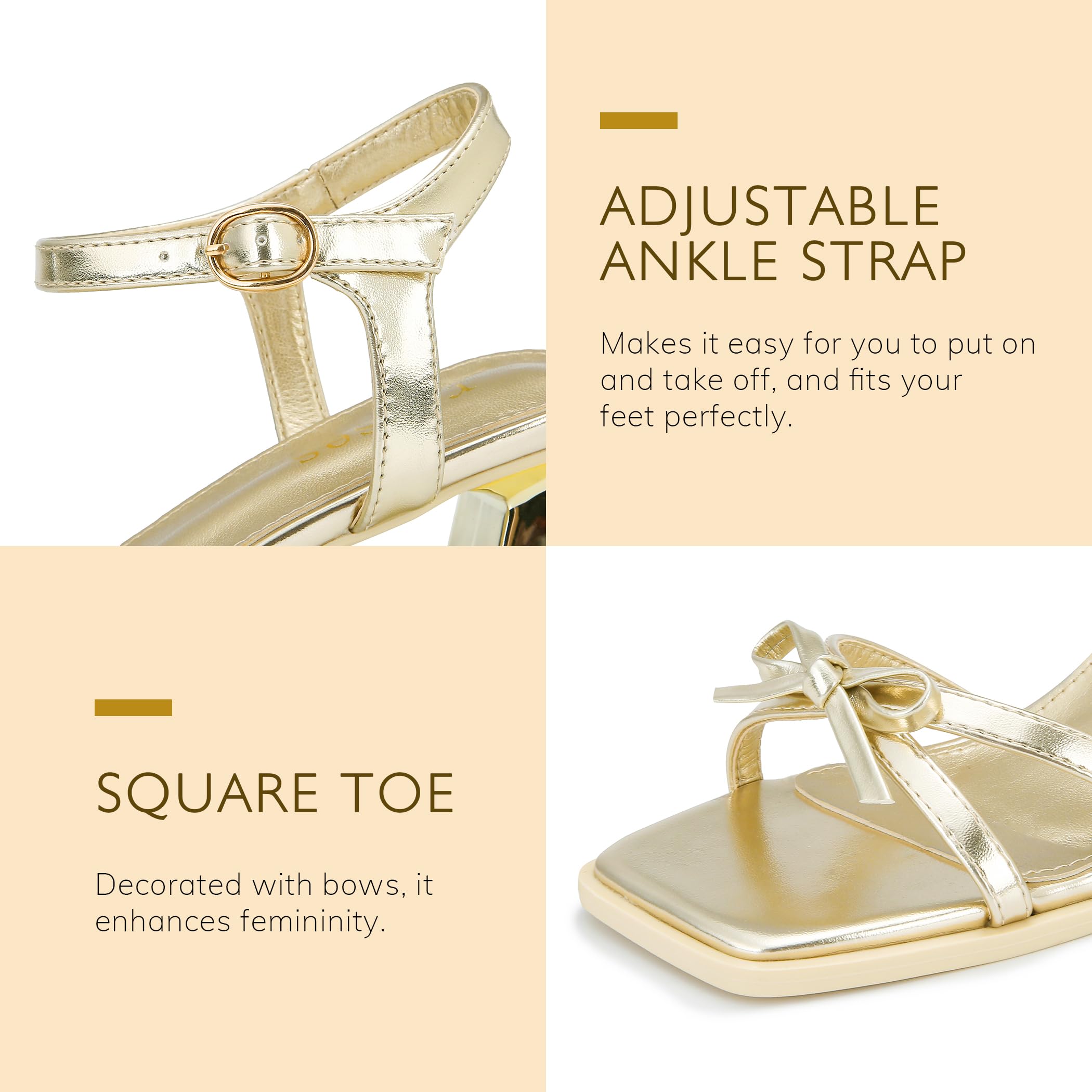 High Heels for Women Bow Block Chunky Heels Square Open Toe Sandals Strappy Heels