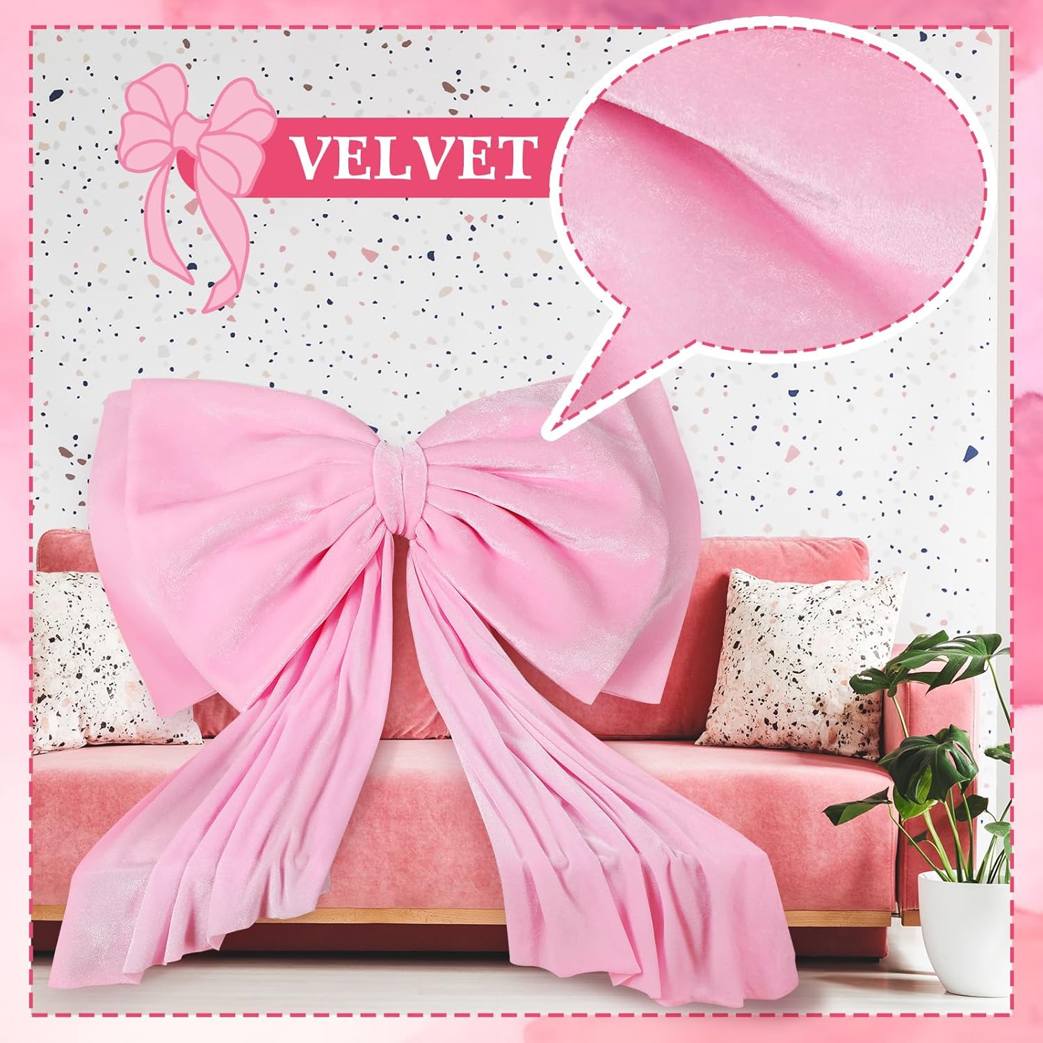 Large Pink Bow Decoration Soft Velvet 35x31 Inch Big Coquette Bow for Party Room Wall Decor, Giant Velvet Tie Hanging Birthday Party Gift Wedding Sofa Bedroom Living Room