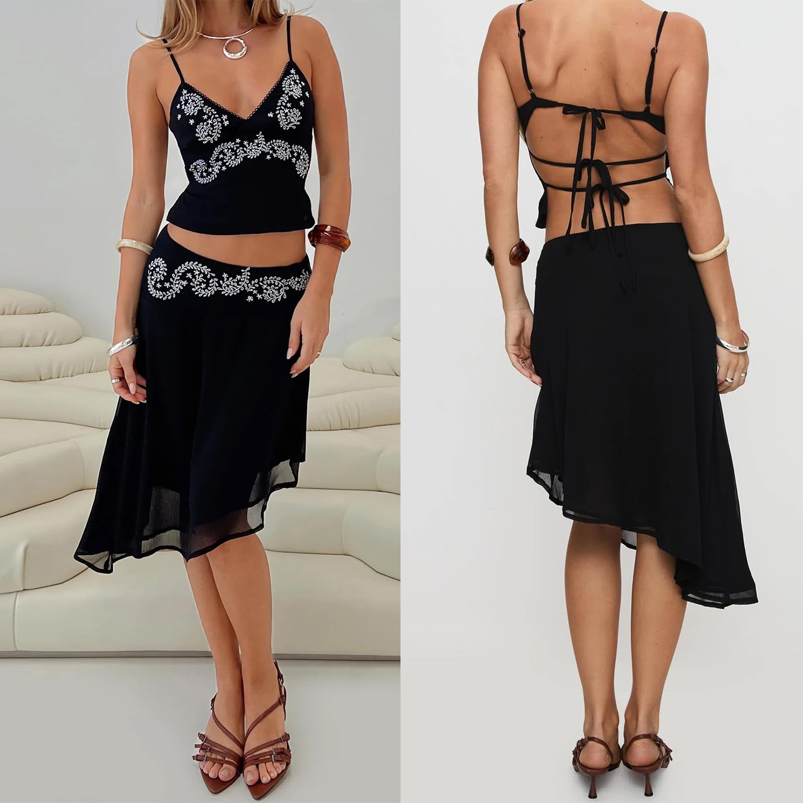 Midi-length Skirt Set for Women 2 Piece Outfit Boho Floral Print Crop Cami Sheer Mesh Irregular Midi Skirt Trendy