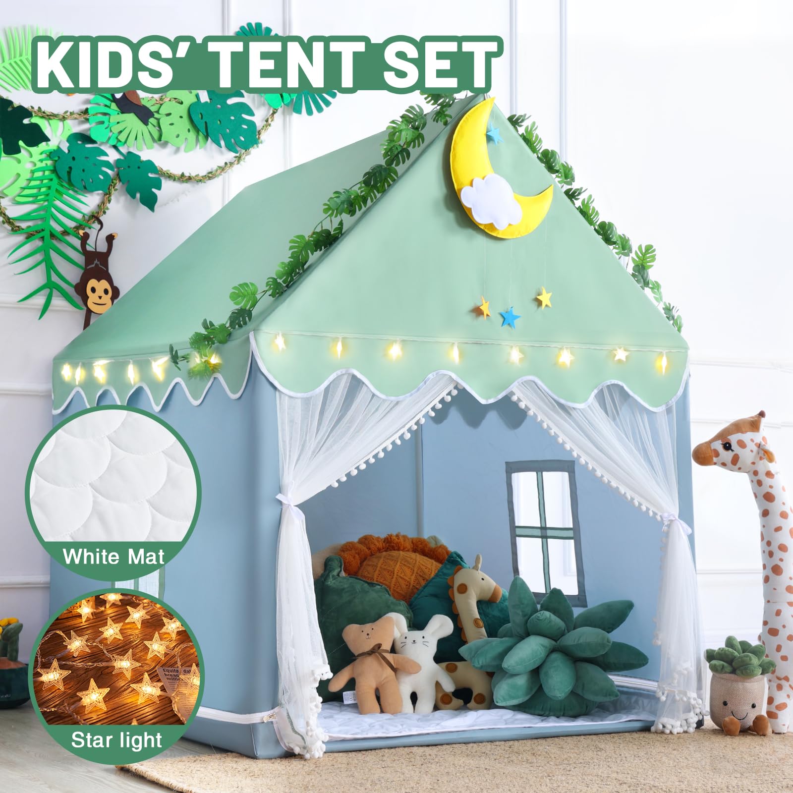 Kid Tent with Mat, Star Lights - Kids Play Tents for Toddlers Kids Tents Indoor Playhouse - Princess Tent for Girls Toy House