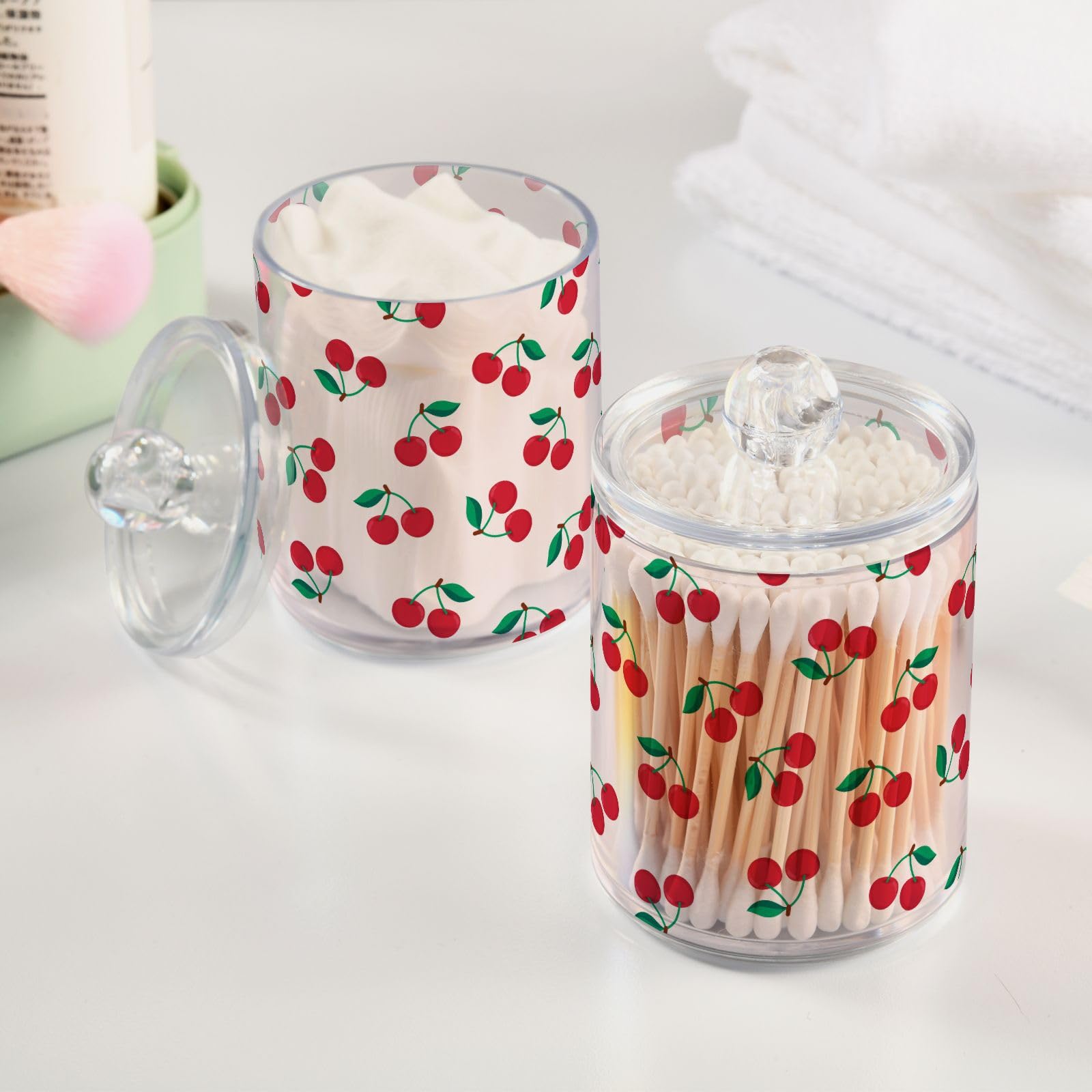 Cute Cherry Fruit Apothecary Jar with Lids - Qtip Holder Clear Plastic Containers Bathroom