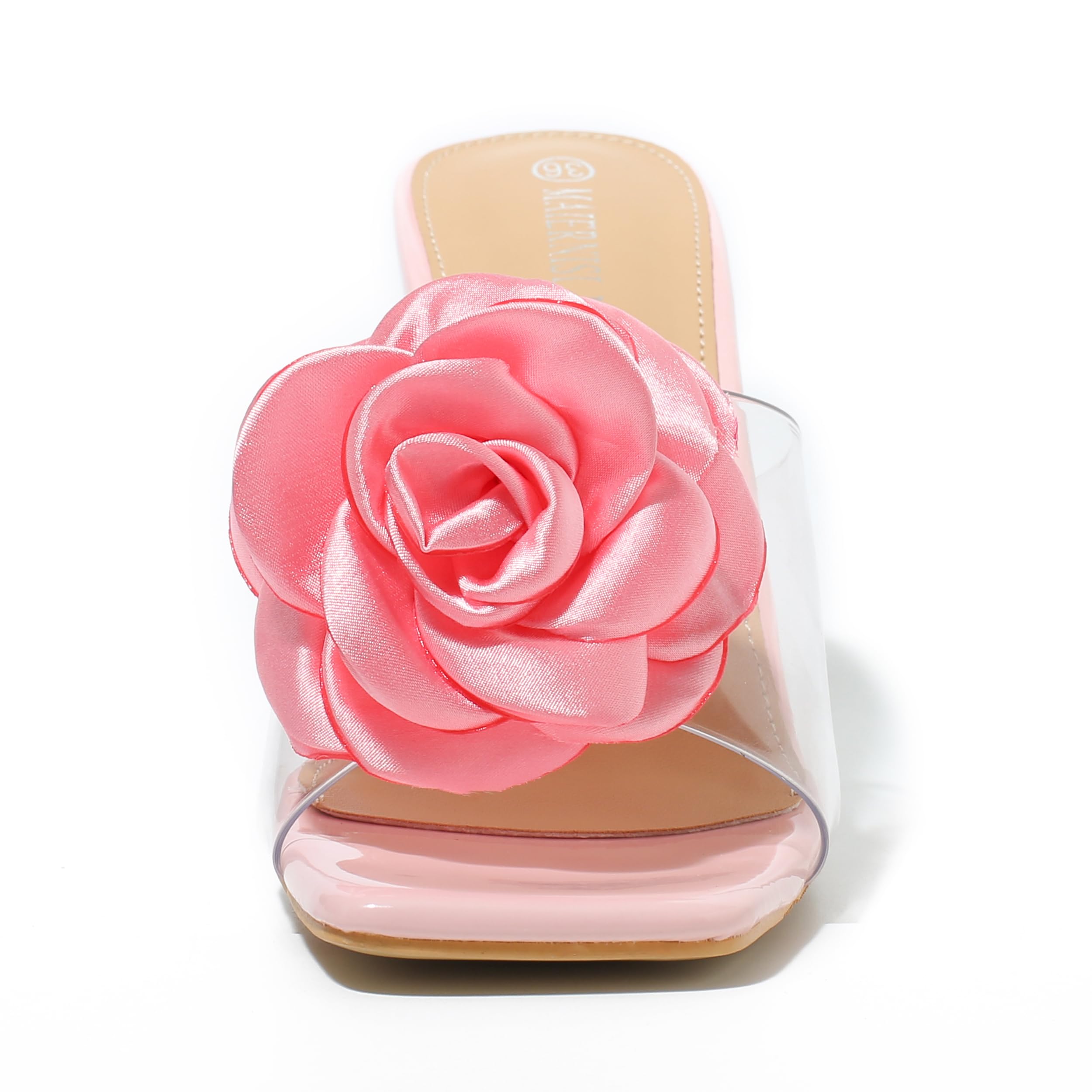 Women Flowers High Heels Mules Sandals Square Toe Slip On Sandals