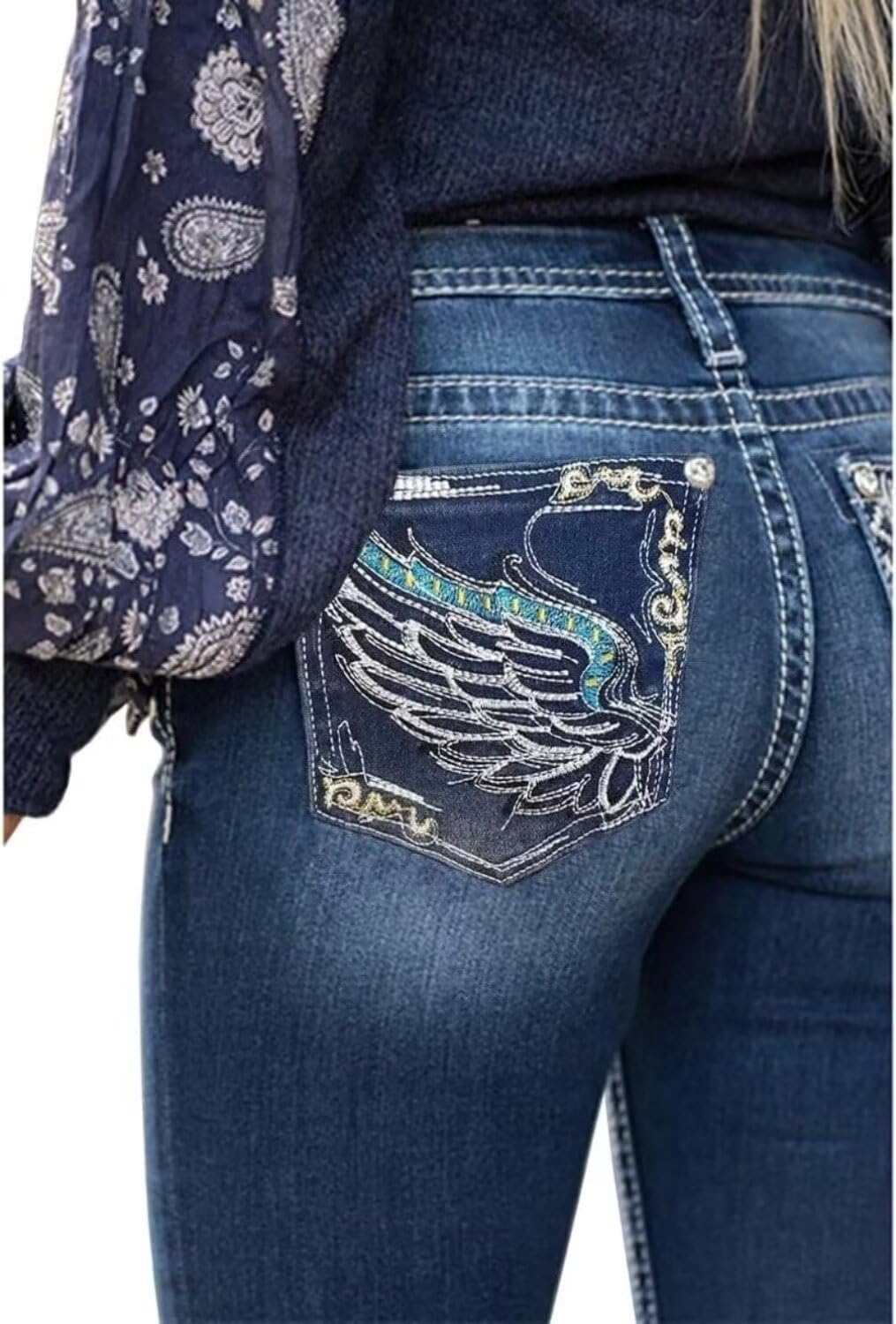 Women Bootcut Jeans, Stretchy Feather Flower Embroidery Mid Rise Slim Straight Leg Pants Jeans