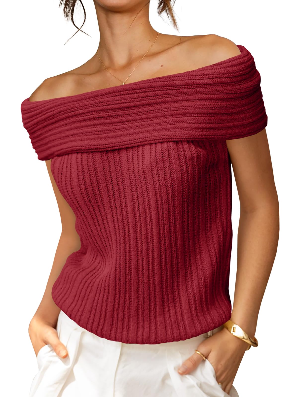 Womens Off The Shoulder Sweater Tops Summer Sleeveless Strapless Ribbed Sexy Pullover Shirts