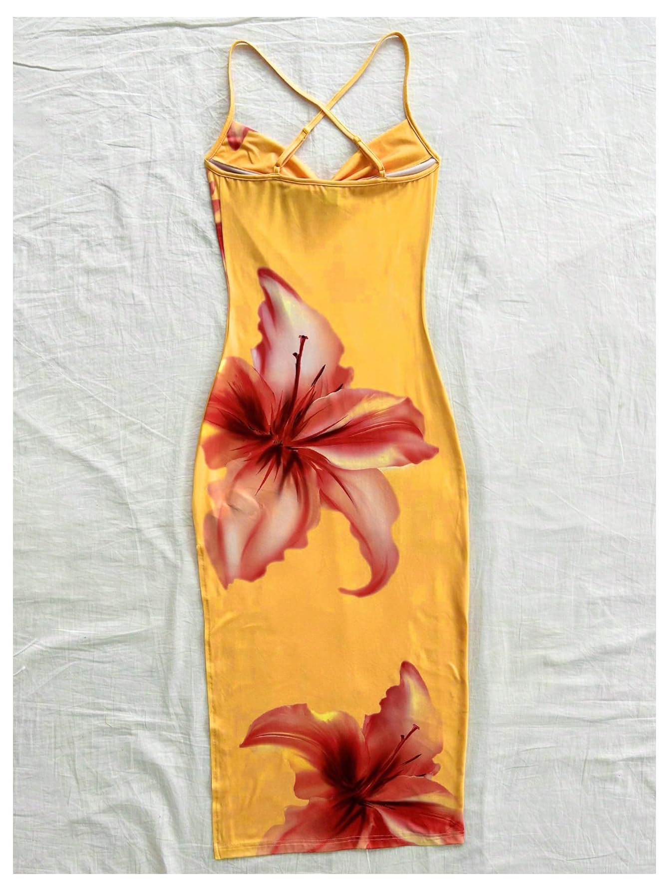 Women's Floral Print Split Thigh Bodycon Dress Criss Cross Skinny Long Cami Dresses