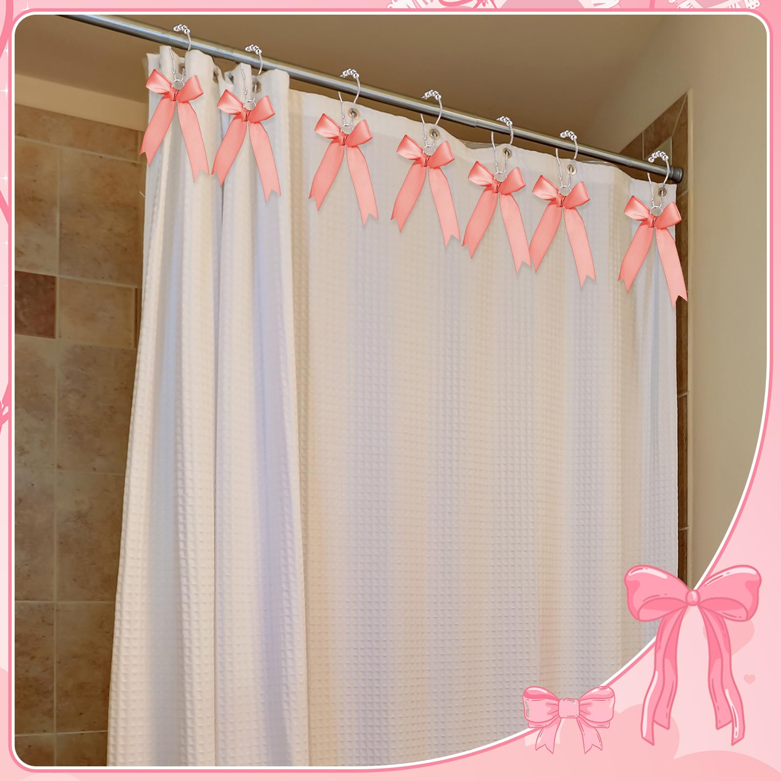Cute Bow Knot Ribbon Curtain Hooks Decorative Shower Rings Hanger Bathroom Decor Bathroom Accessories 12 Pcs
