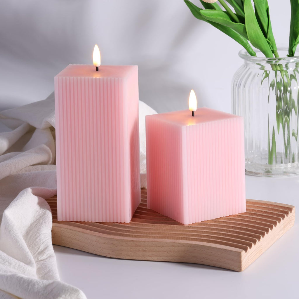 Square Ribbed Flameless Candles with Remote, Flickering Real Wax Battery LED Candles 3" H 4" 6"