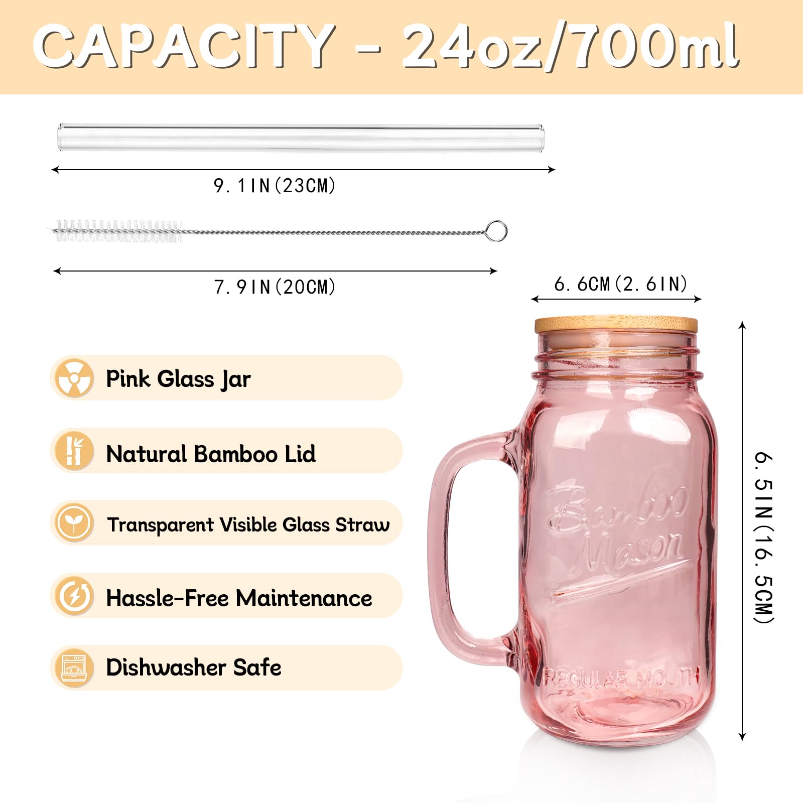 Tumbler with Handle and Straw, 24oz Pink Mason Jars Handles Drinking Glasses Glassware Colored Glass Cups Lids Straws