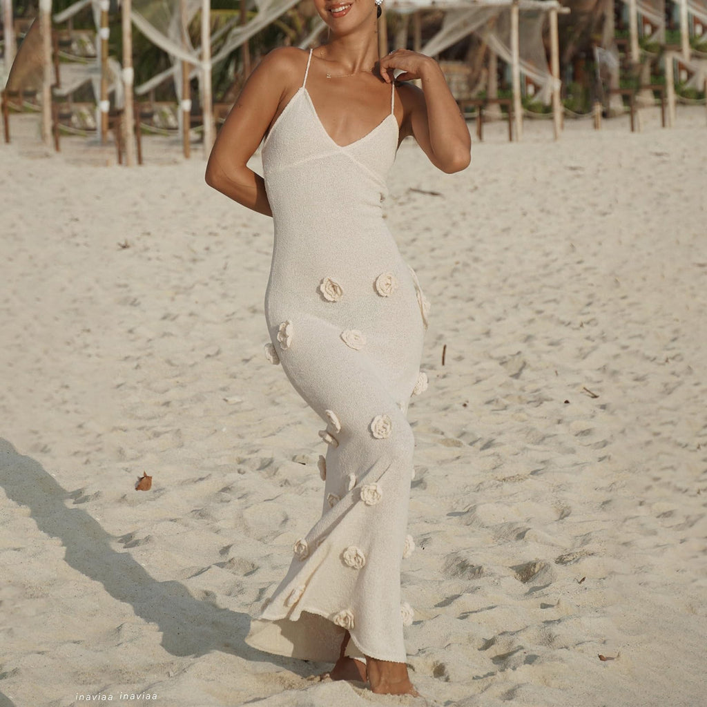 Women Knit Maxi Cami 3D Floral Bodycon Long Sexy Spaghetti Strap Tie Backless Dress