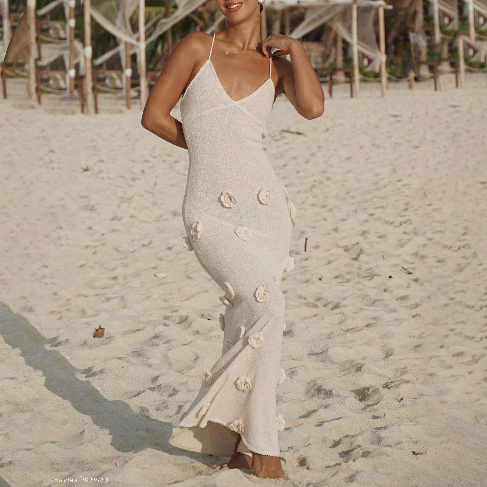 Women Knit Maxi Cami 3D Floral Bodycon Long Sexy Spaghetti Strap Tie Backless Dress