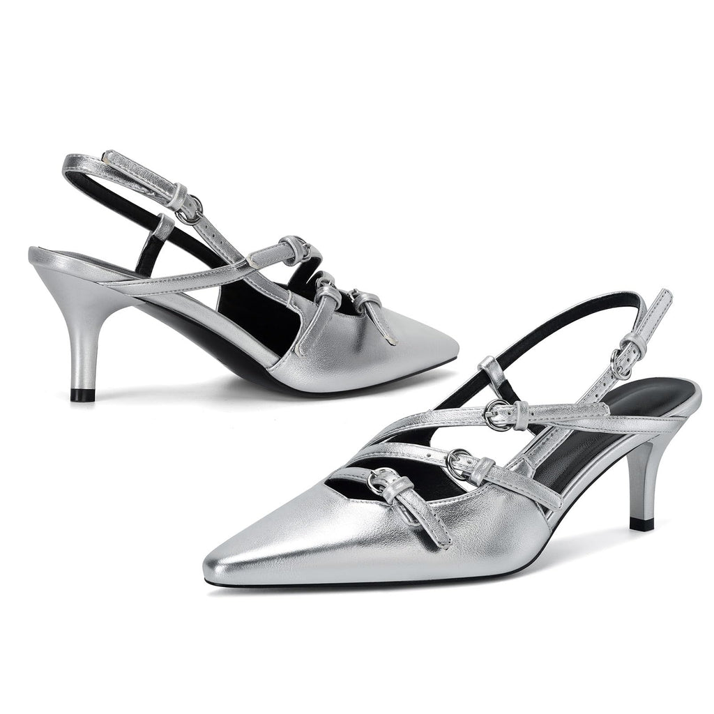 Slingback Kitten Heels Pointed Toe Stiletto Heels Slip On Pumps with Buckled Straps Dress Work Heeled Sandals