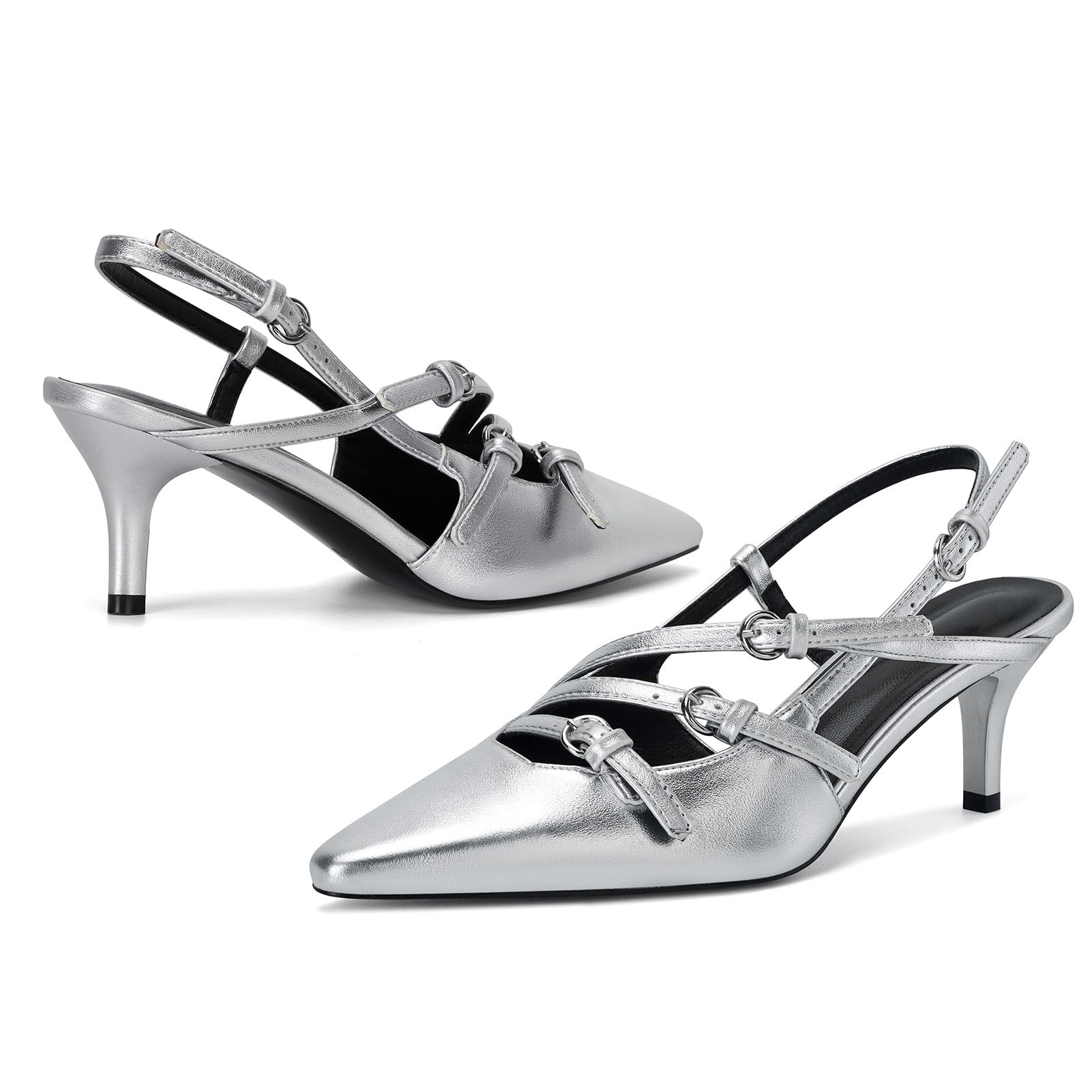 Slingback Kitten Heels Pointed Toe Stiletto Heels Slip On Pumps with Buckled Straps Dress Work Heeled Sandals