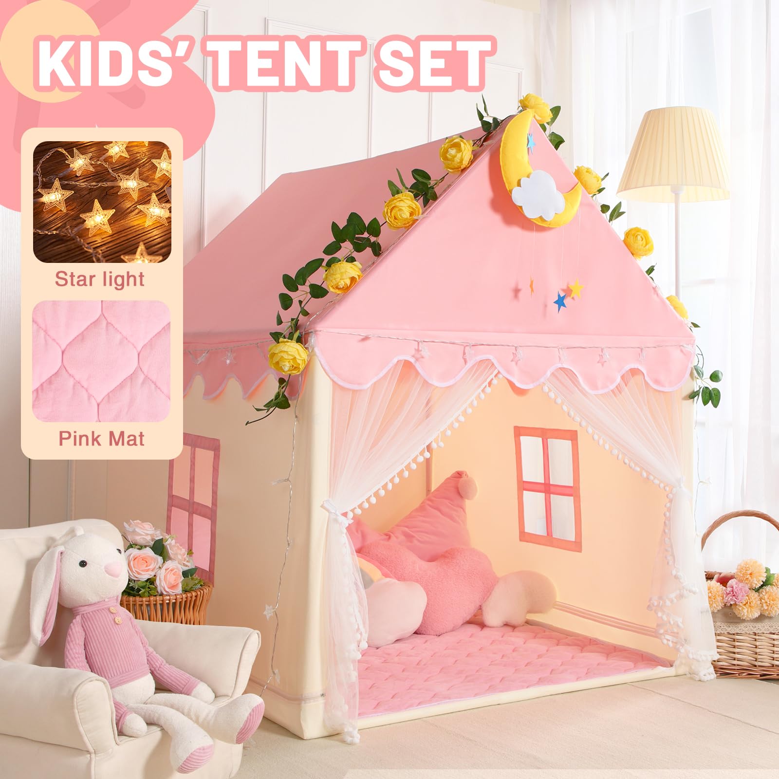Kid Tent with Mat, Star Lights - Kids Play Tents for Toddlers Kids Tents Indoor Playhouse - Princess Tent for Girls Toy House