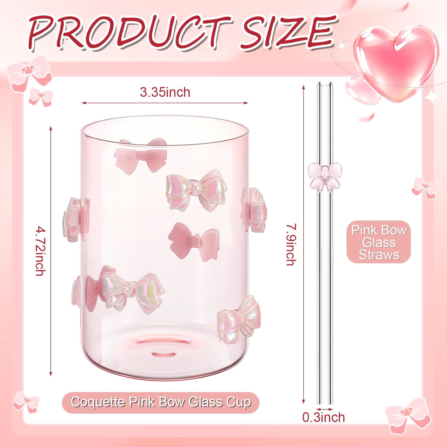 Set of 2 Coquette Aesthetic Bow Glass Cups with Straws 20 oz Reusable Pink Bow Glass Tumbler