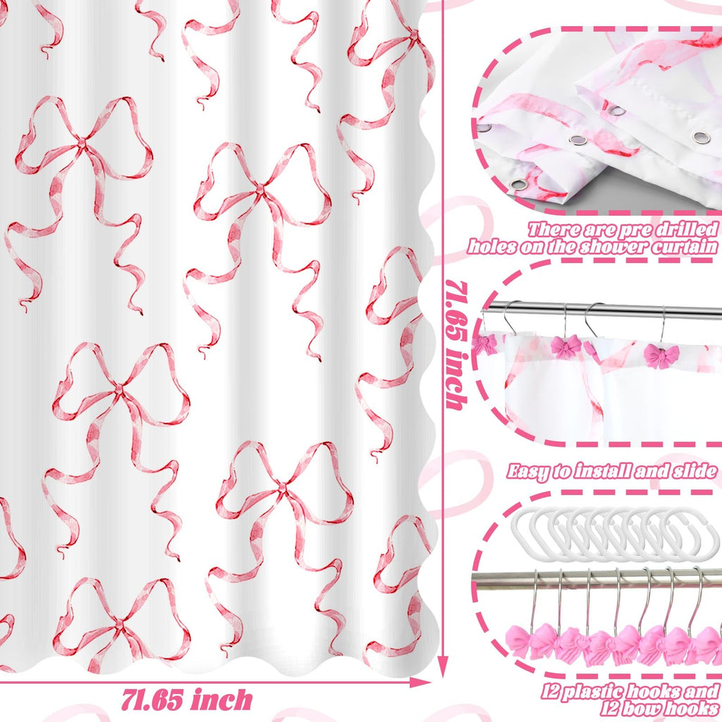 Pink Bow Shower Curtain Set, 72" W x 72" H Cute Coquette Shower Curtain with 12 Pink Bow Tie Bath Hooks
