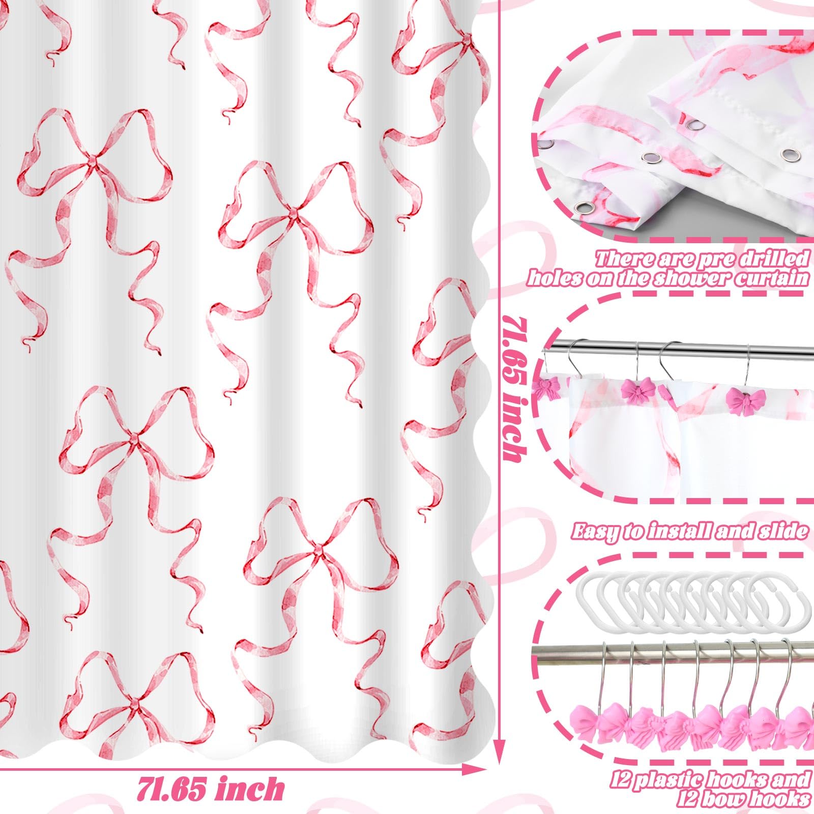 Pink Bow Shower Curtain Set, 72" W x 72" H Cute Coquette Shower Curtain with 12 Pink Bow Tie Bath Hooks