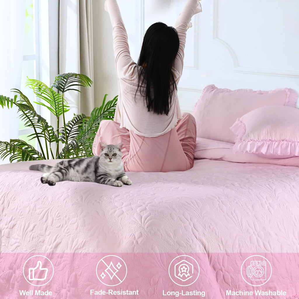 Ruffled Floral Quilts Soybean Fiber Filling Bedding Set 3 Piece, Stone-Washed Microfiber Shabby Chic Lightweight Soft Bedspread