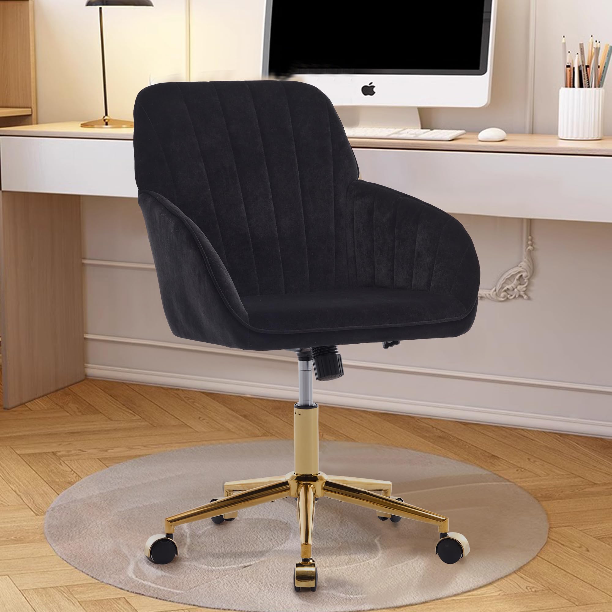 Modern Vanity Velvet Adjustable Low Back Rolling Chair, Twill Upholstered Cute Chair with Wheels