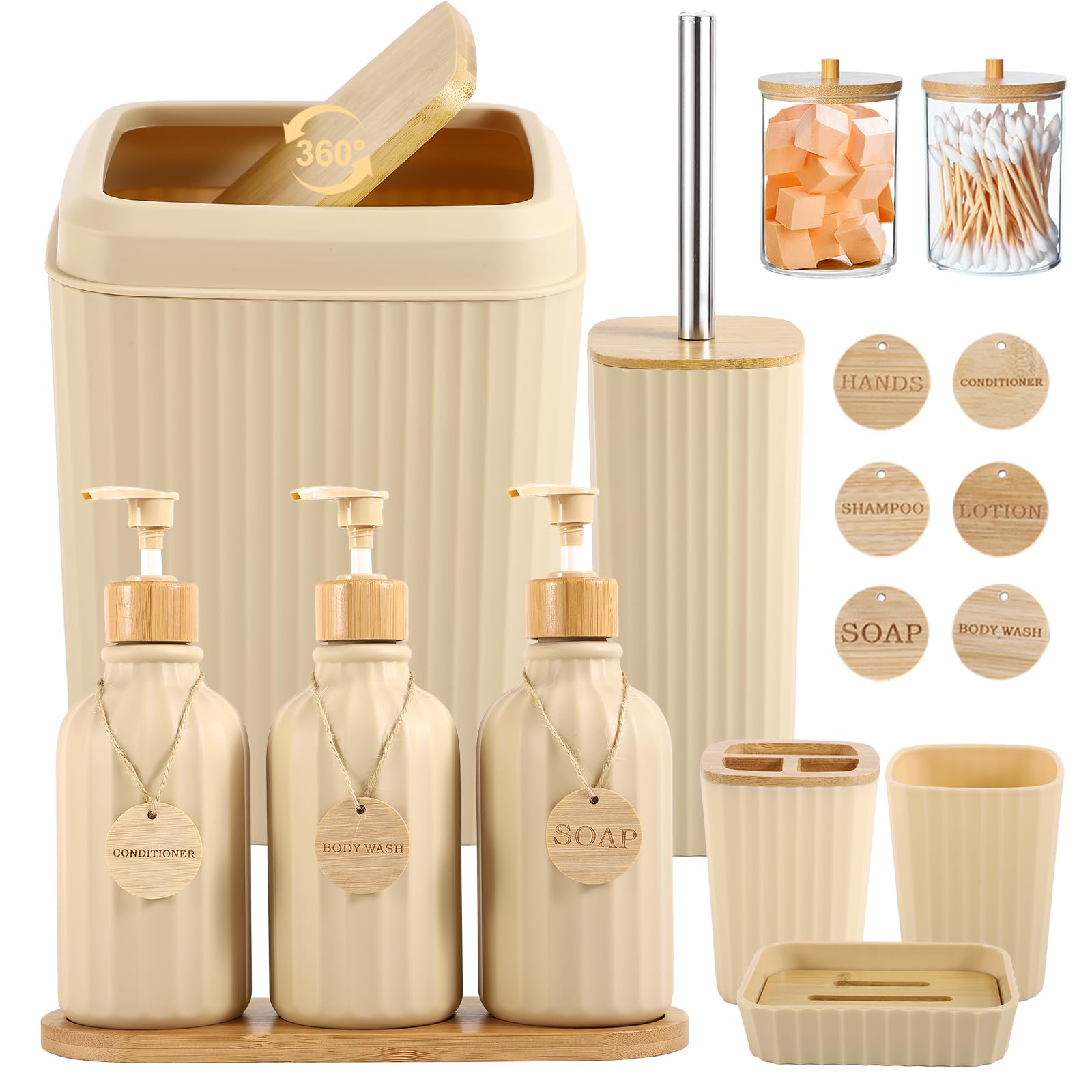 Simply Bathroom Accessories Set 17PCS Bathroom Set with Trash Can 3PCS Lotion Soap Dispenser, Toothbrush Holder, Soap Dish,Tumbler Cup, 6PCS Wood Tags Bath Accessories with Tray for Kitchen Bathroom